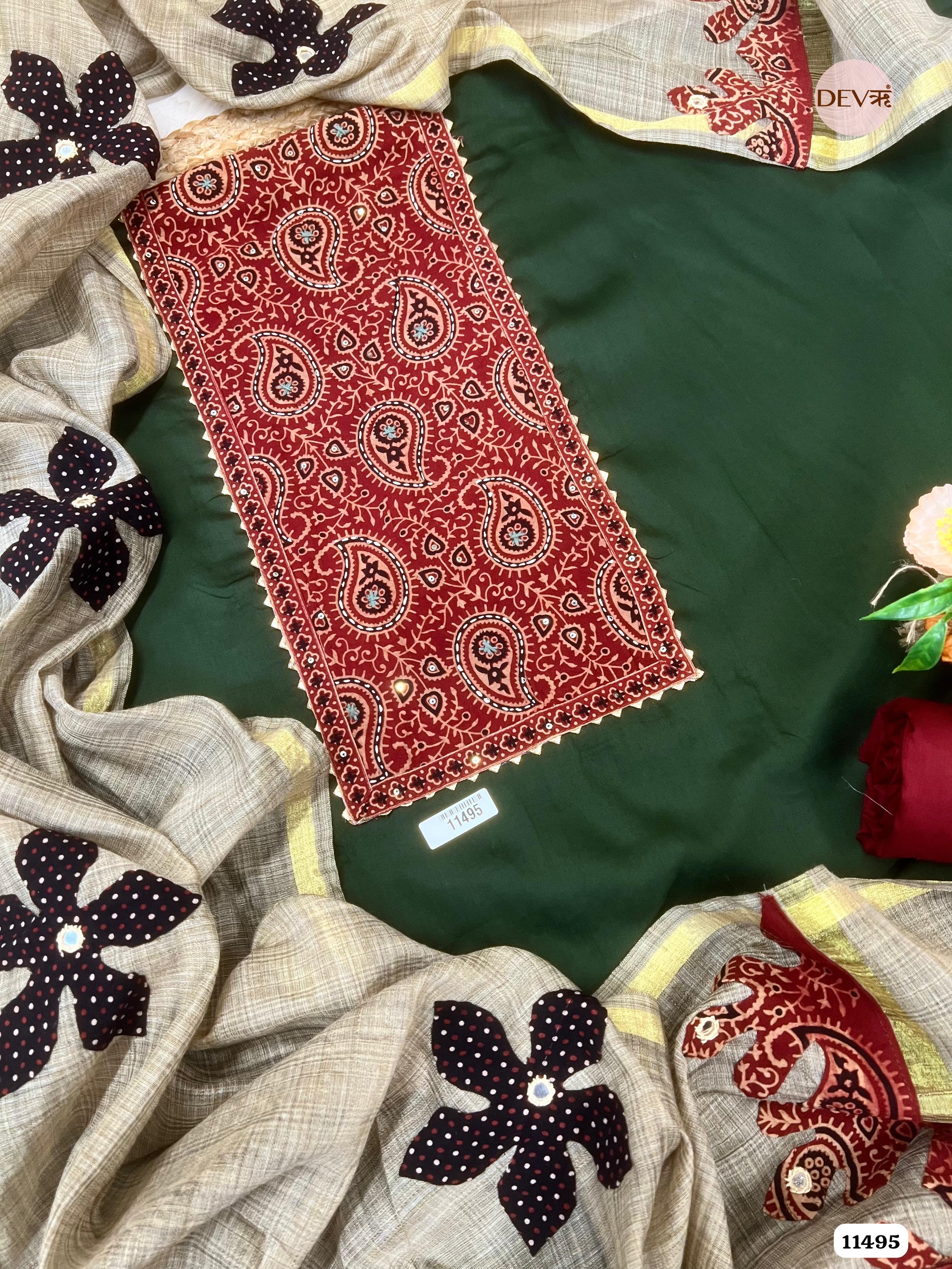 Green Cotton Jaam Unstitched Printed Hand Embroidered -Set Of 3 {11495}