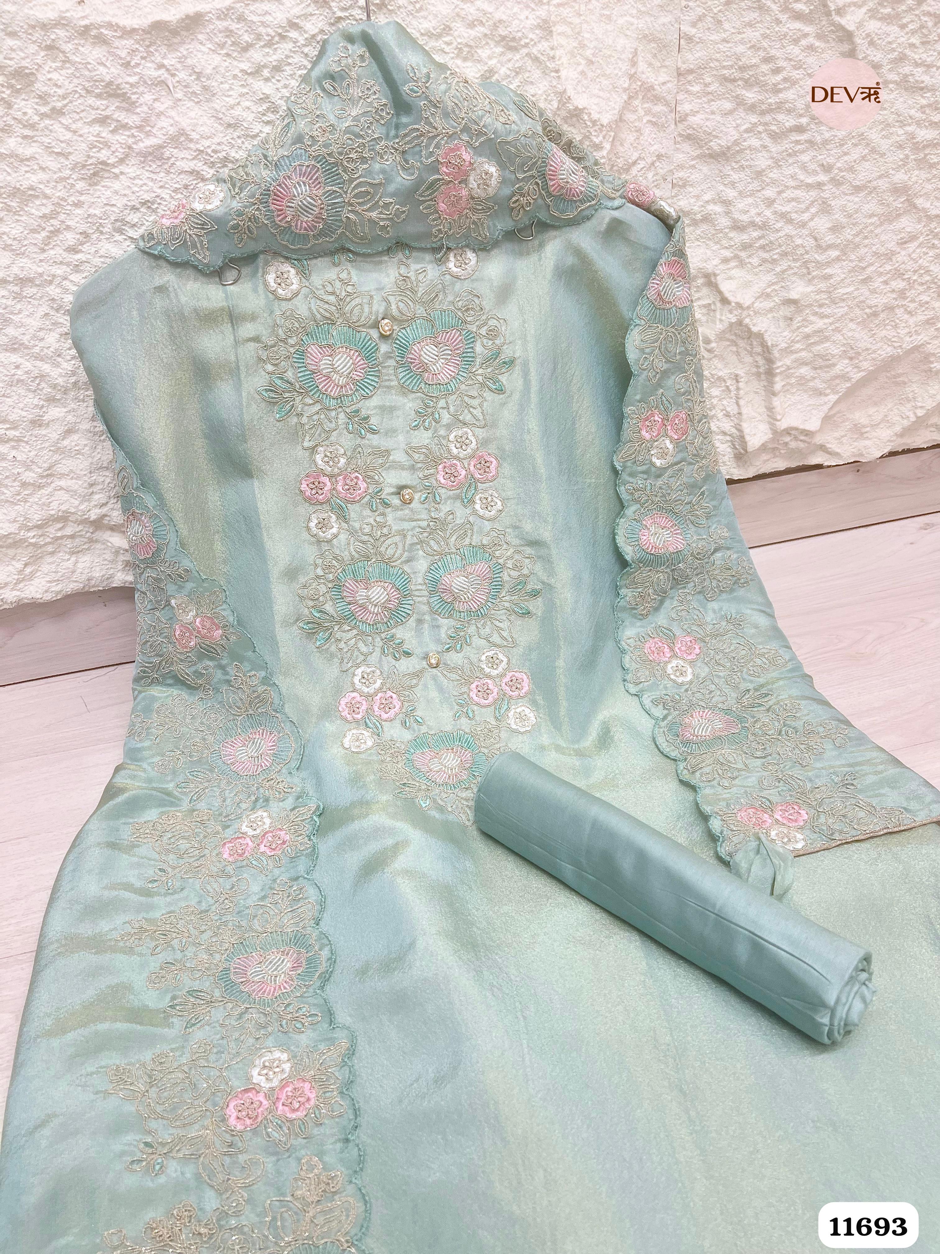 Mint Green Tissue Silk Unstitched Embroidered -Set Of 3 {11693}