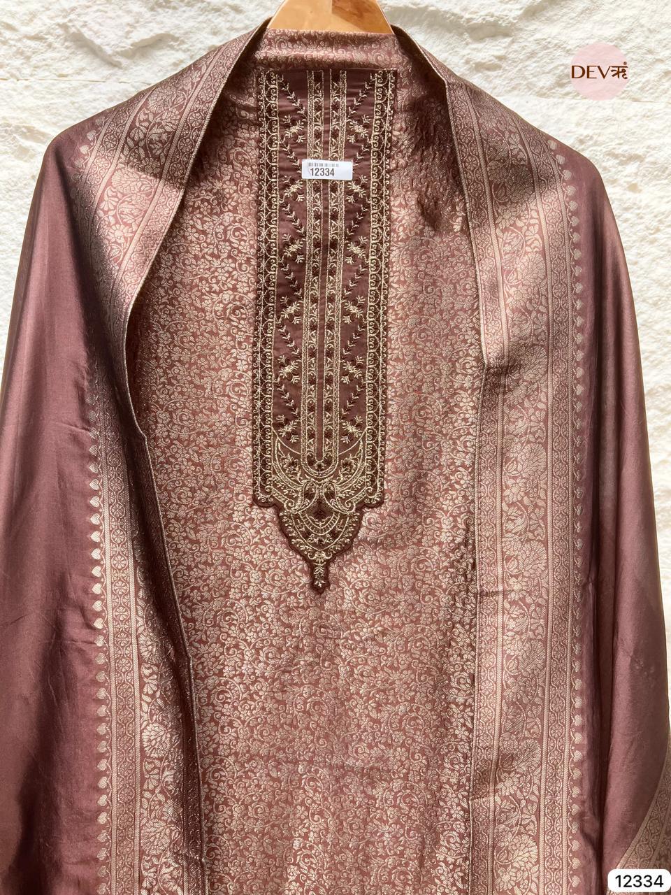 Rich Brown Pure Banarasi Silk Woven Unstitched 3-Piece Suit (Devri – D.No 12334)