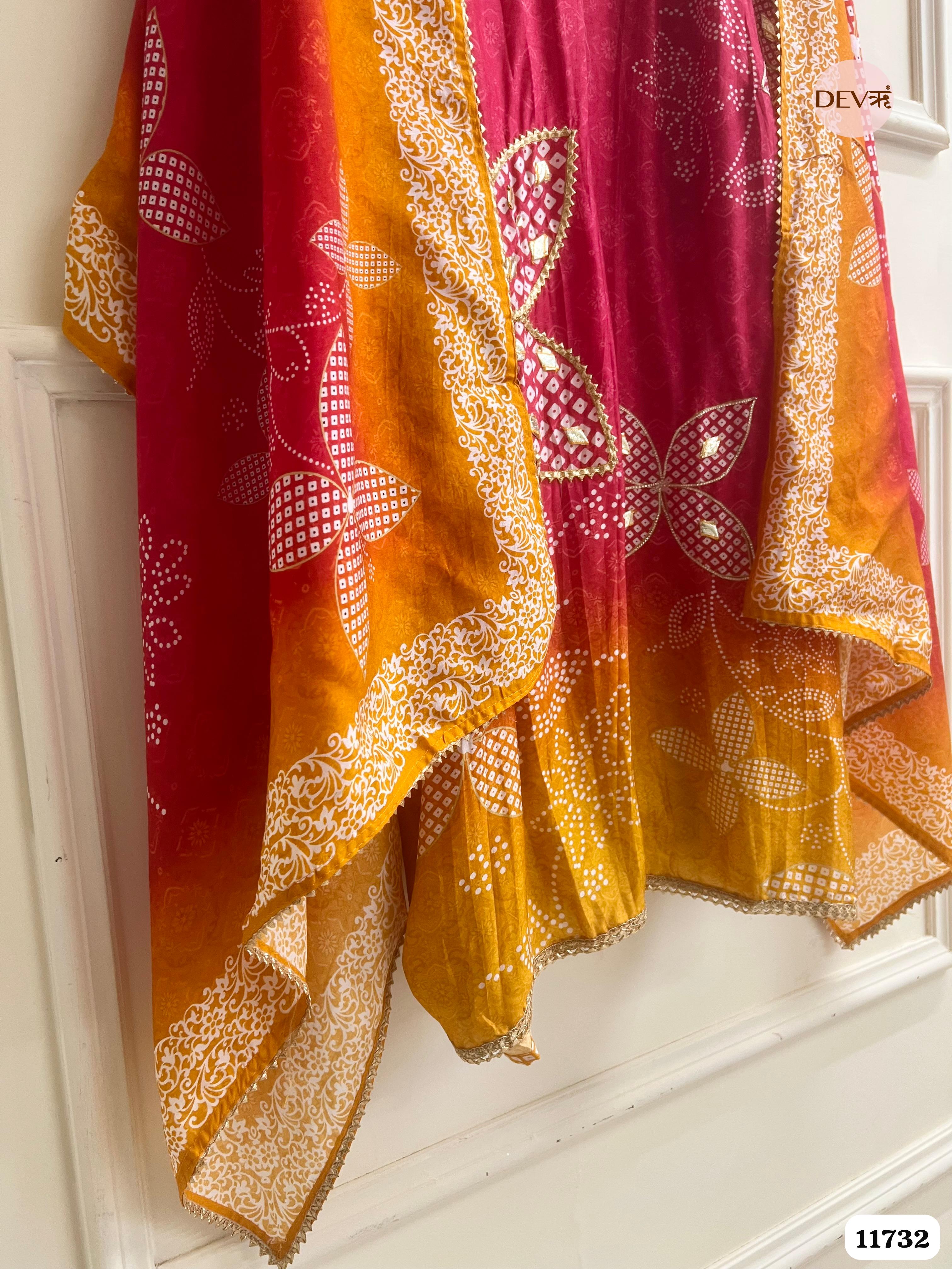 Rani Pink Russian Silk Semi Stitched Printed Hand Embroidered -Set Of 3- {11732}