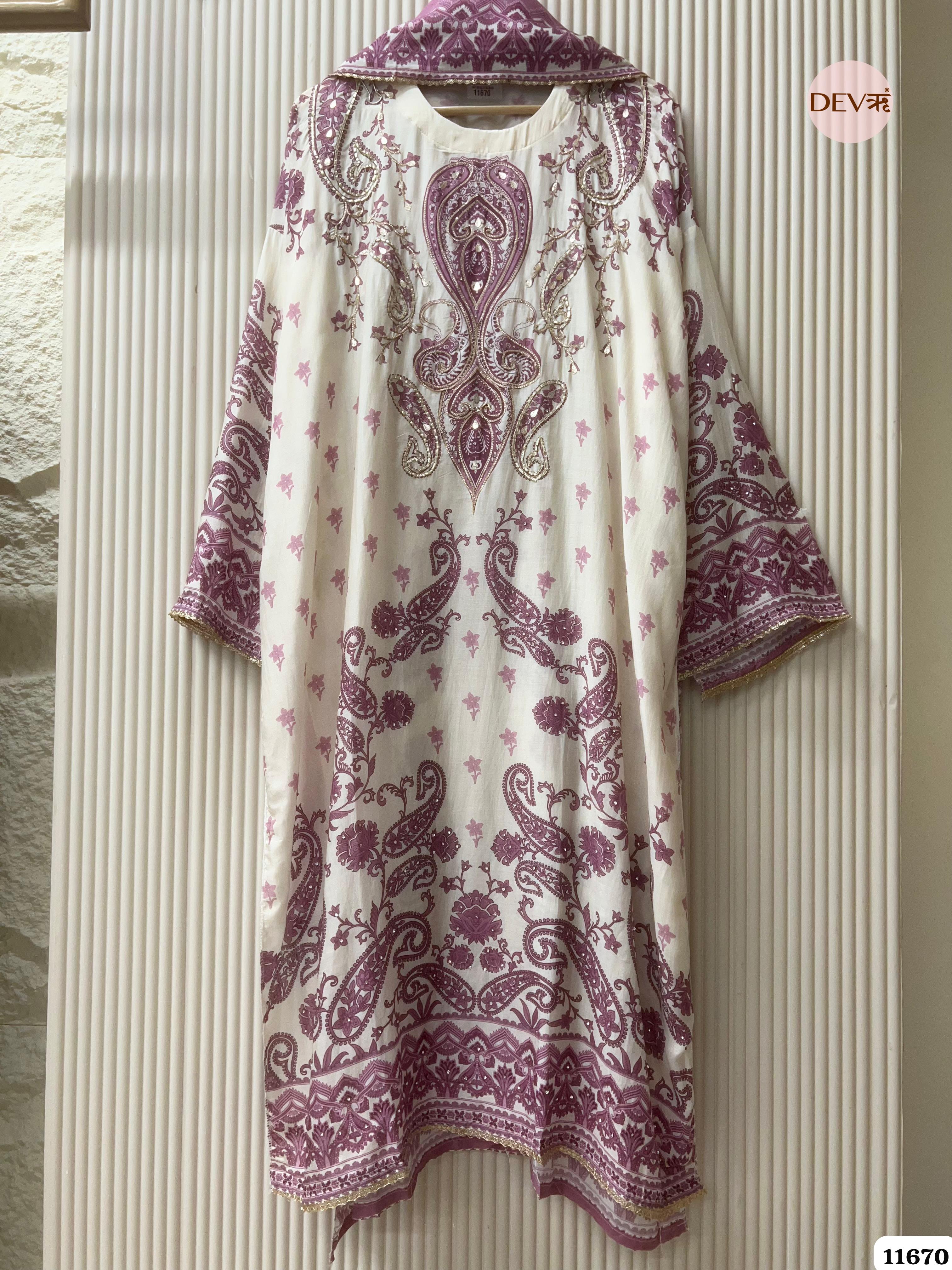 Off White/ purple Muslin Printed Semi Stitched Hand Embroidered -Set Of 3 - {11670}