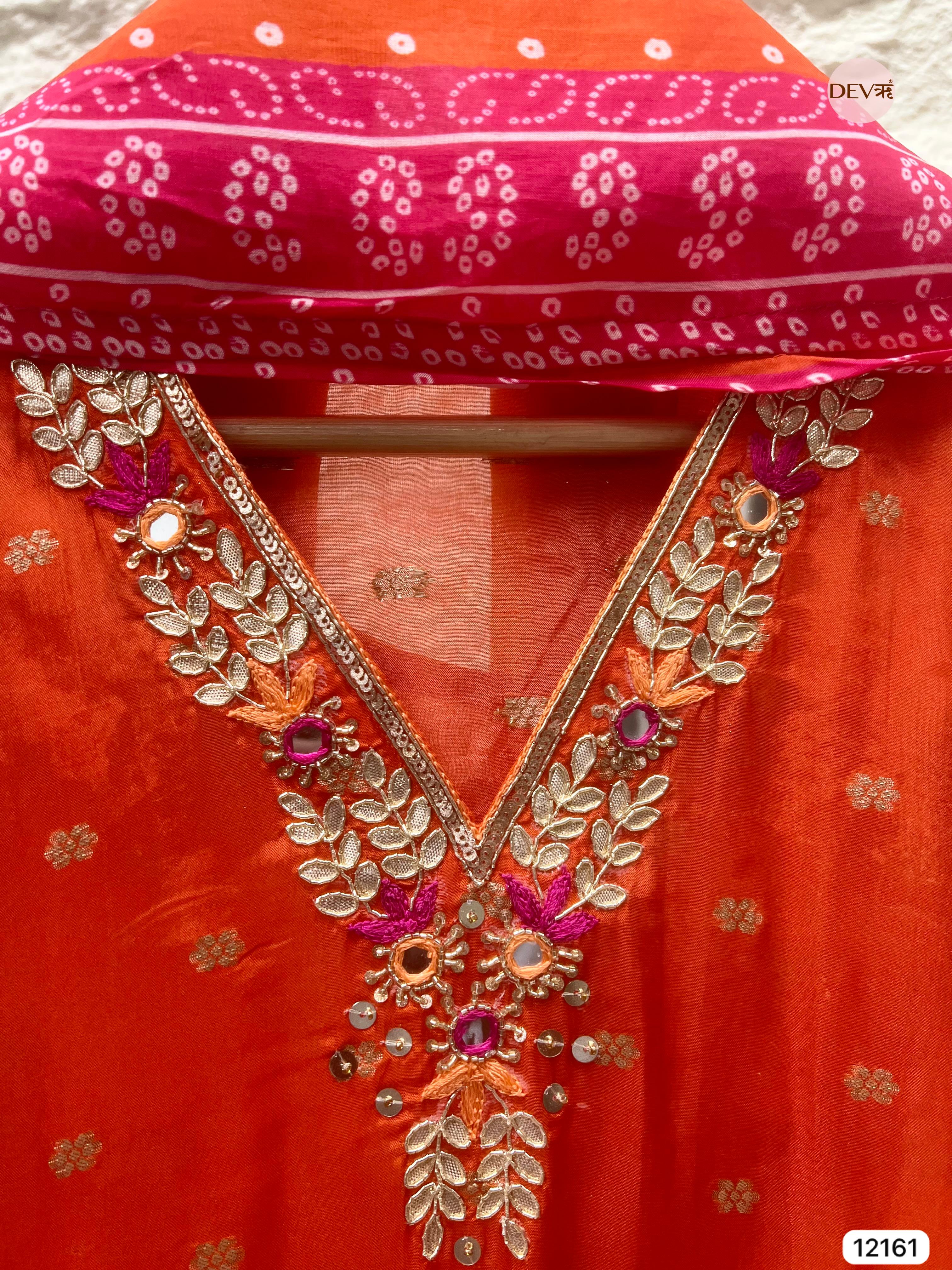 Orange Pure Shimmer Organza Silk Unstitched Banarasi Woven Bandhani Printed Hand Embroidered -Set Of 3 - {12161}