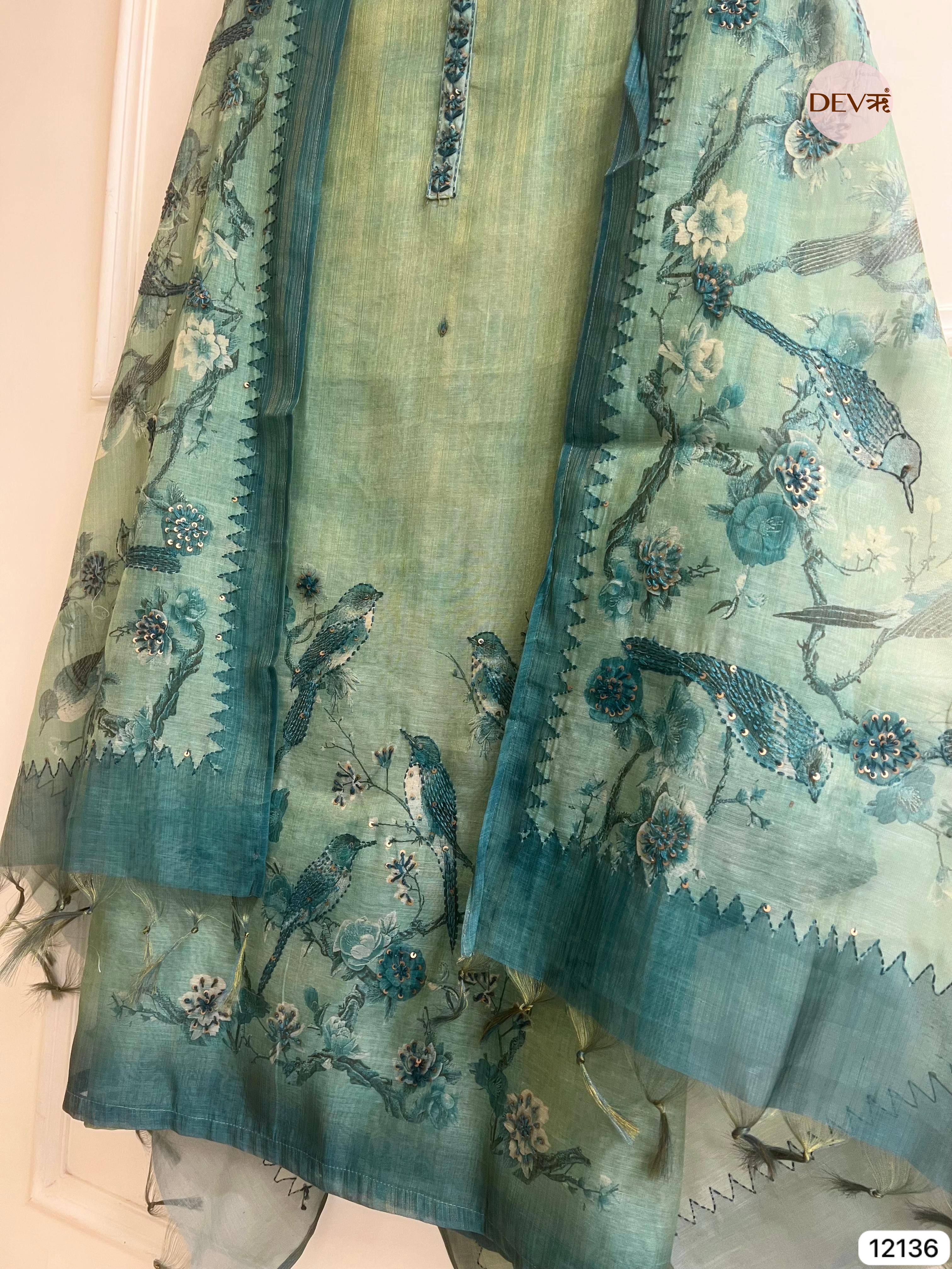 Green Pure  Soft jamdani linen Woven Unstitched -Set Of 3 - {12136}