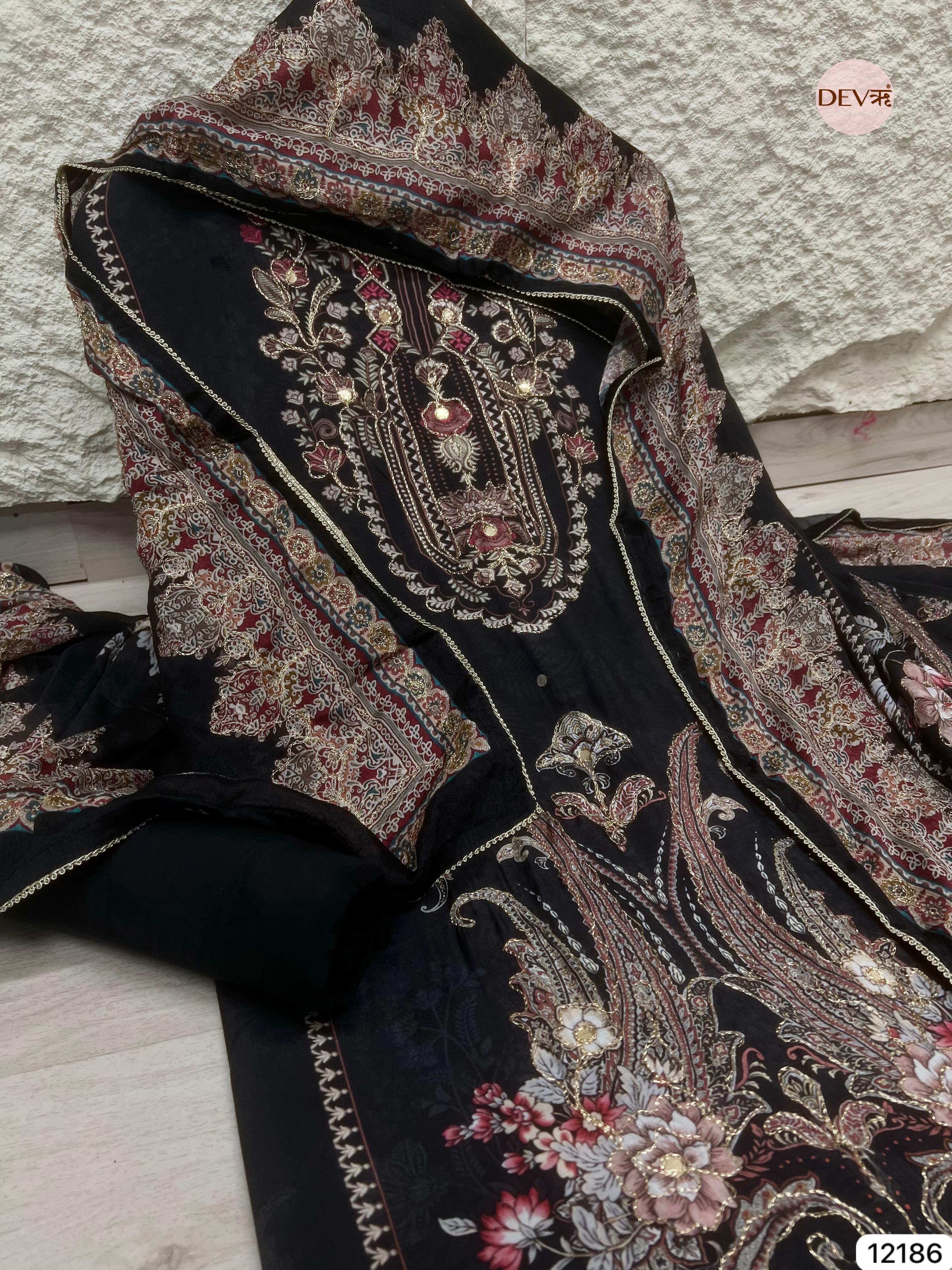 Black Pure Muslin Unstitched Unstitched Printed - Set of 3 - {12186}