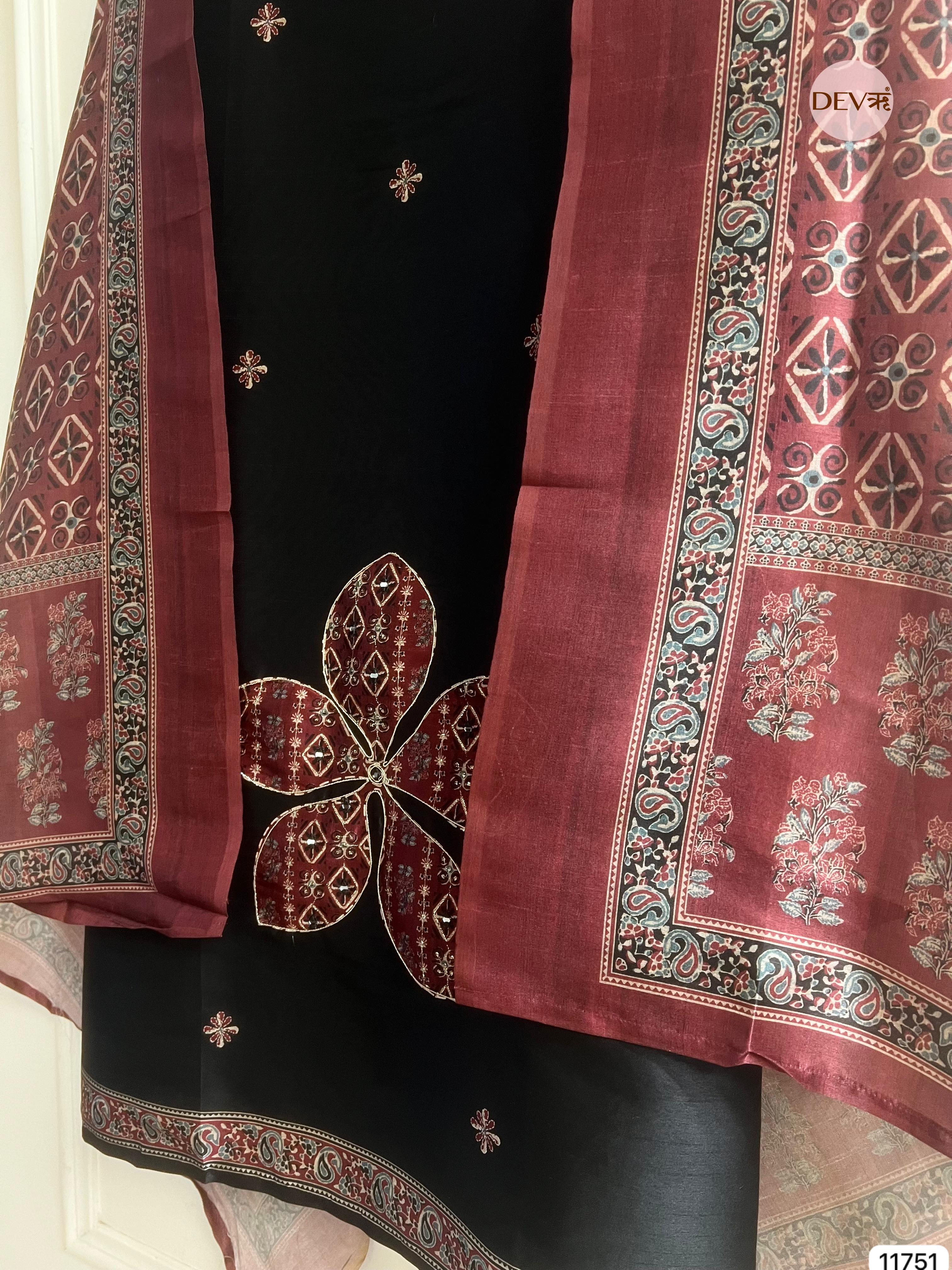 Black Raw Silk Unstitched Hand Applique Work Embroidered -Set Of 3 - {11751}