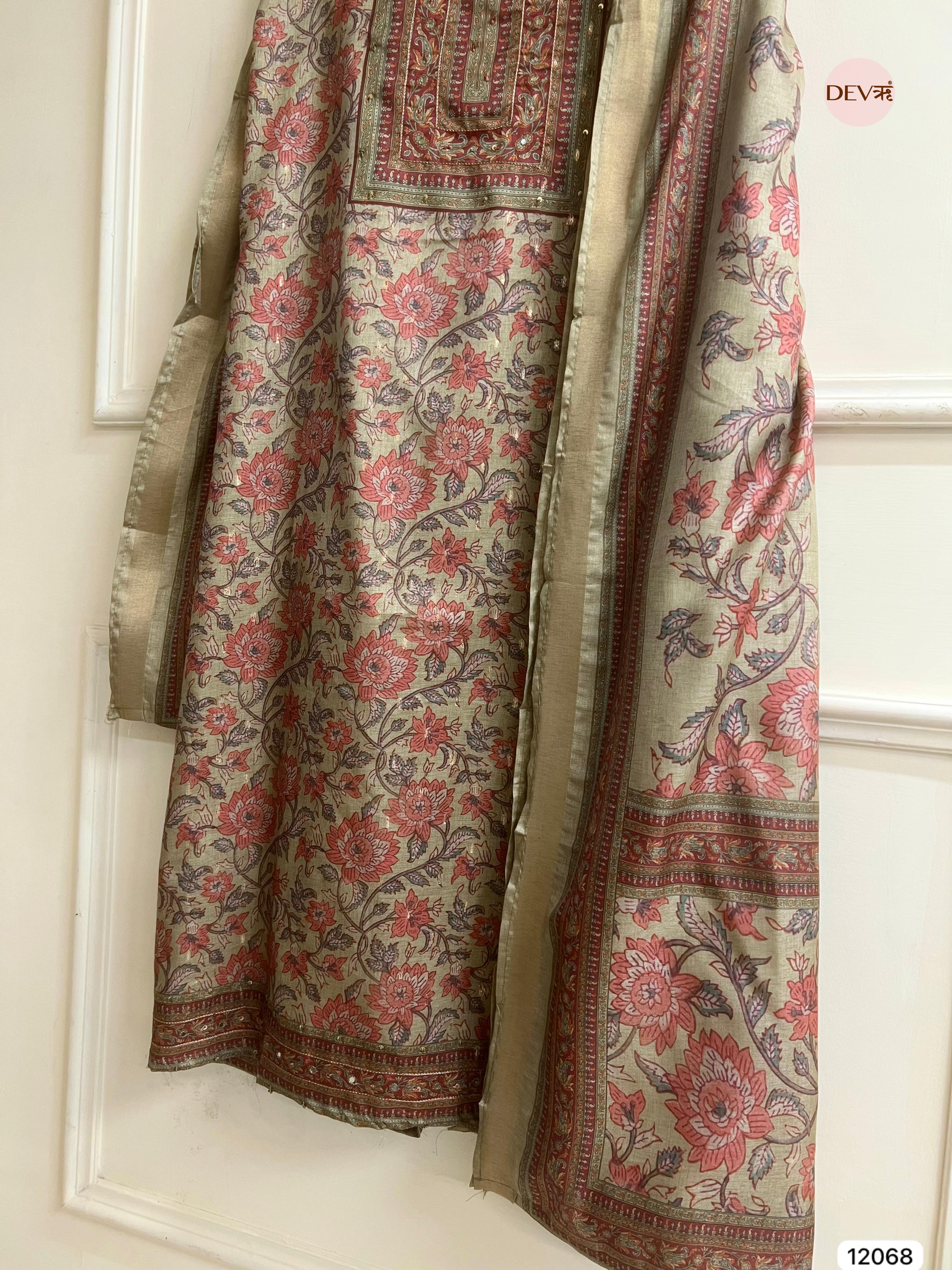 Multi Colour Tusser Khadi Silk Printed Unstitched Hand Embroidered -Set Of 3 - {12068}