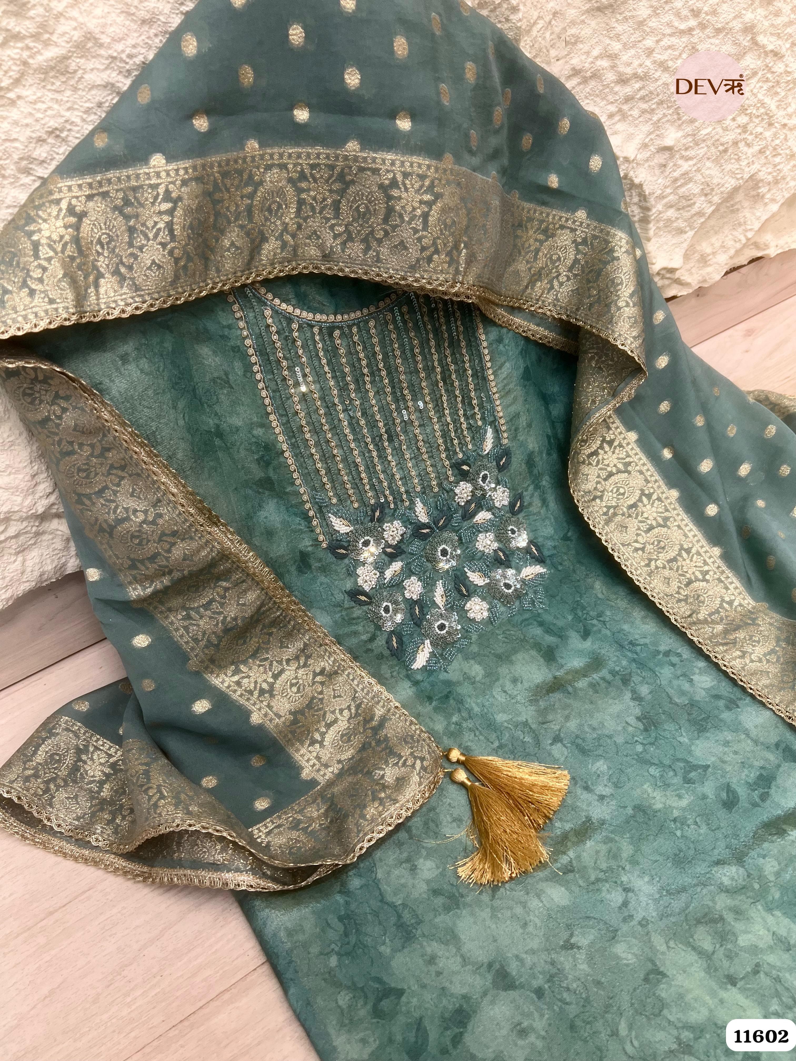 Sea Green Pure Tissue Silk Unstitched Hand Embroidered -Set Of 3 {11602}