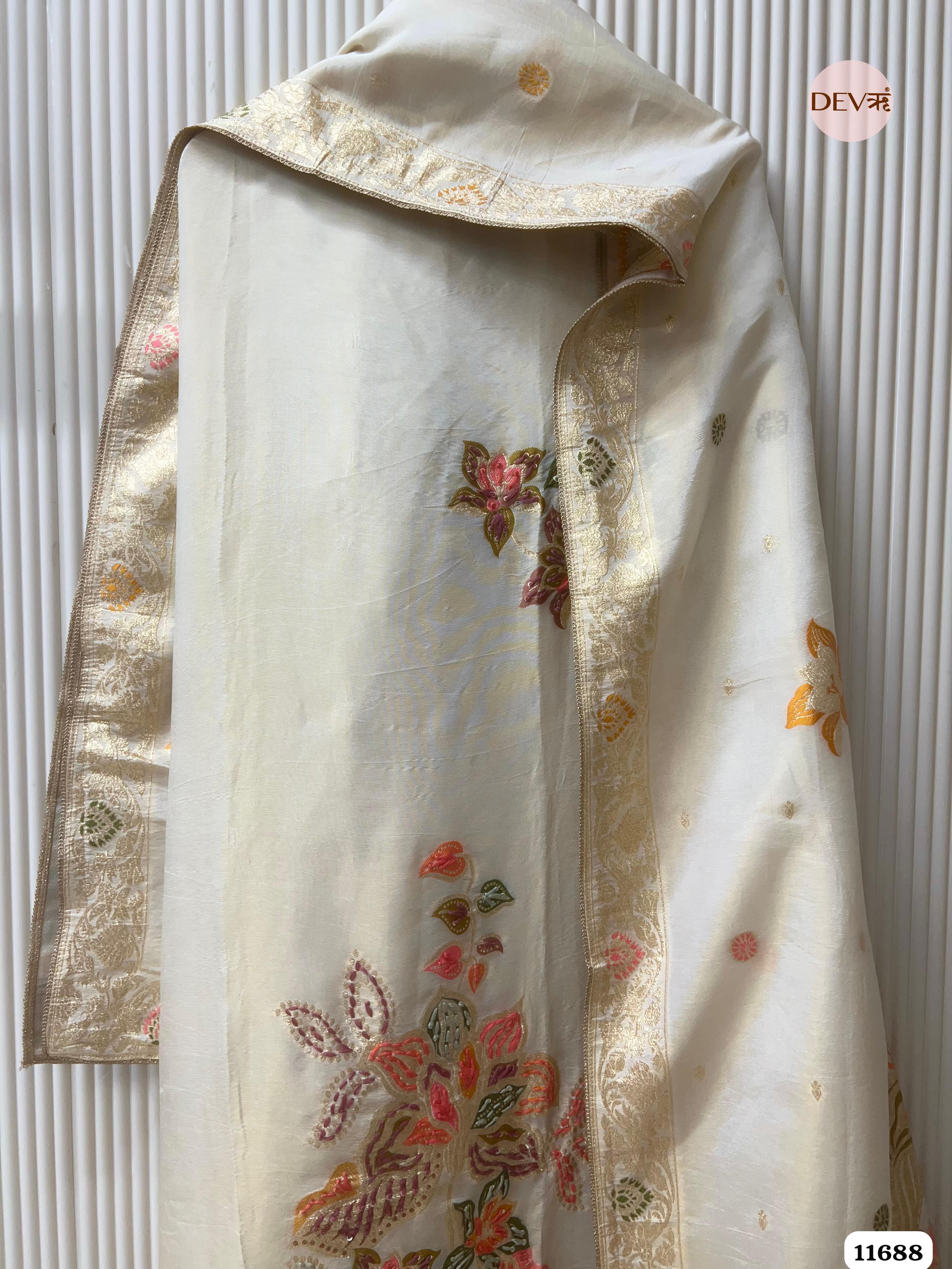 Off white Burberry Silk Unstitched Woven Hand Embroidered -Set Of 3 {11688}