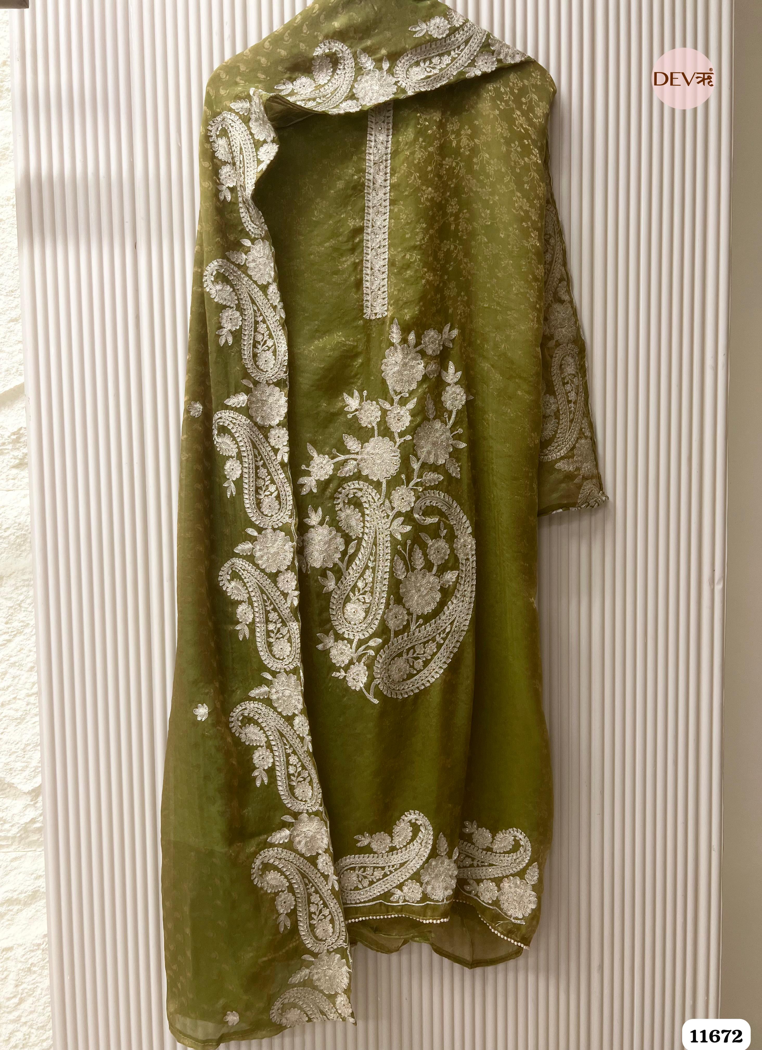 Green Tissue Silk Unstitched Embroidered -Set Of 3 {11672}