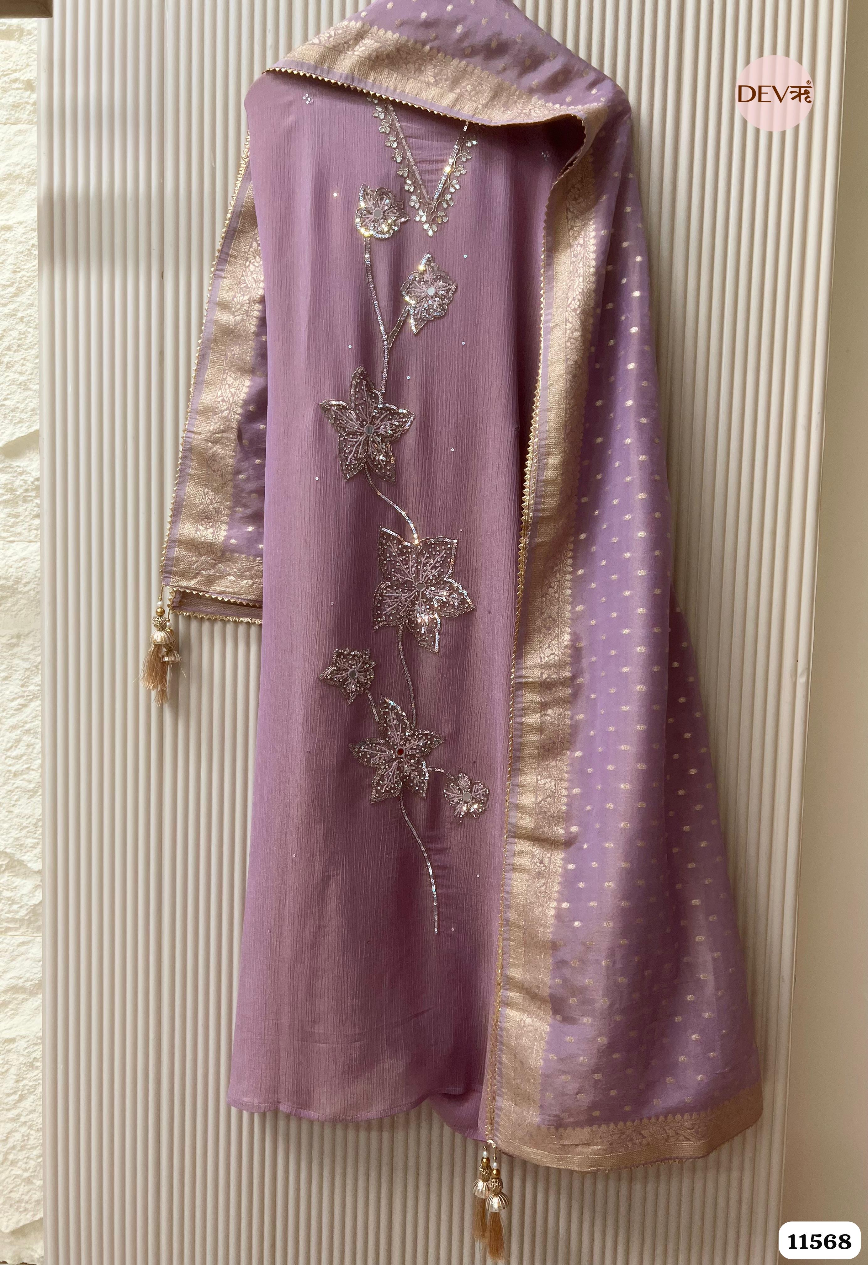 Purple Pure Chino Unstitched Hand Embroidered -Set Of 3 {11568}