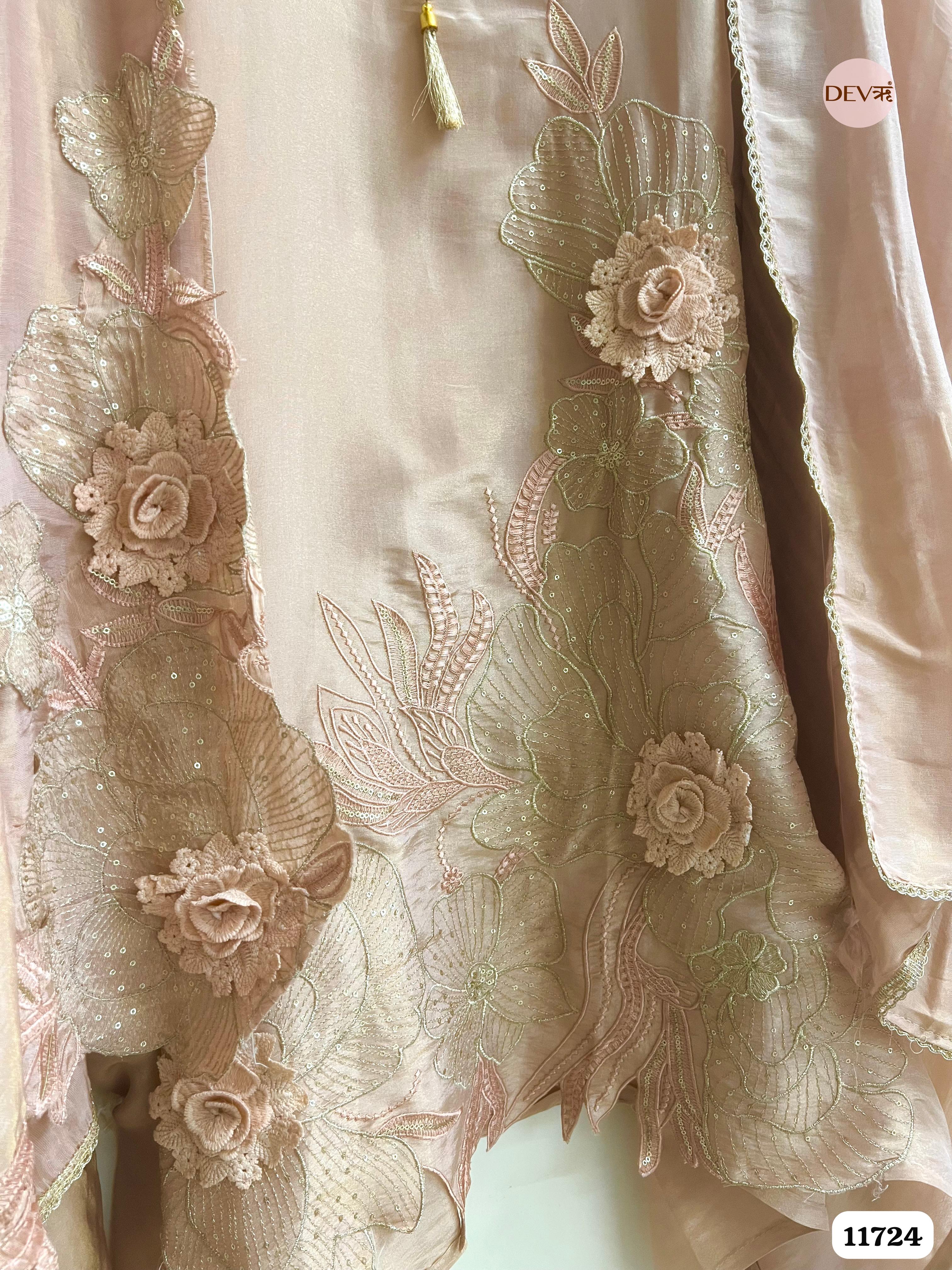Beige Tissue Shimmer Silk Unstitched Embroidered -Set Of 3- {11724}