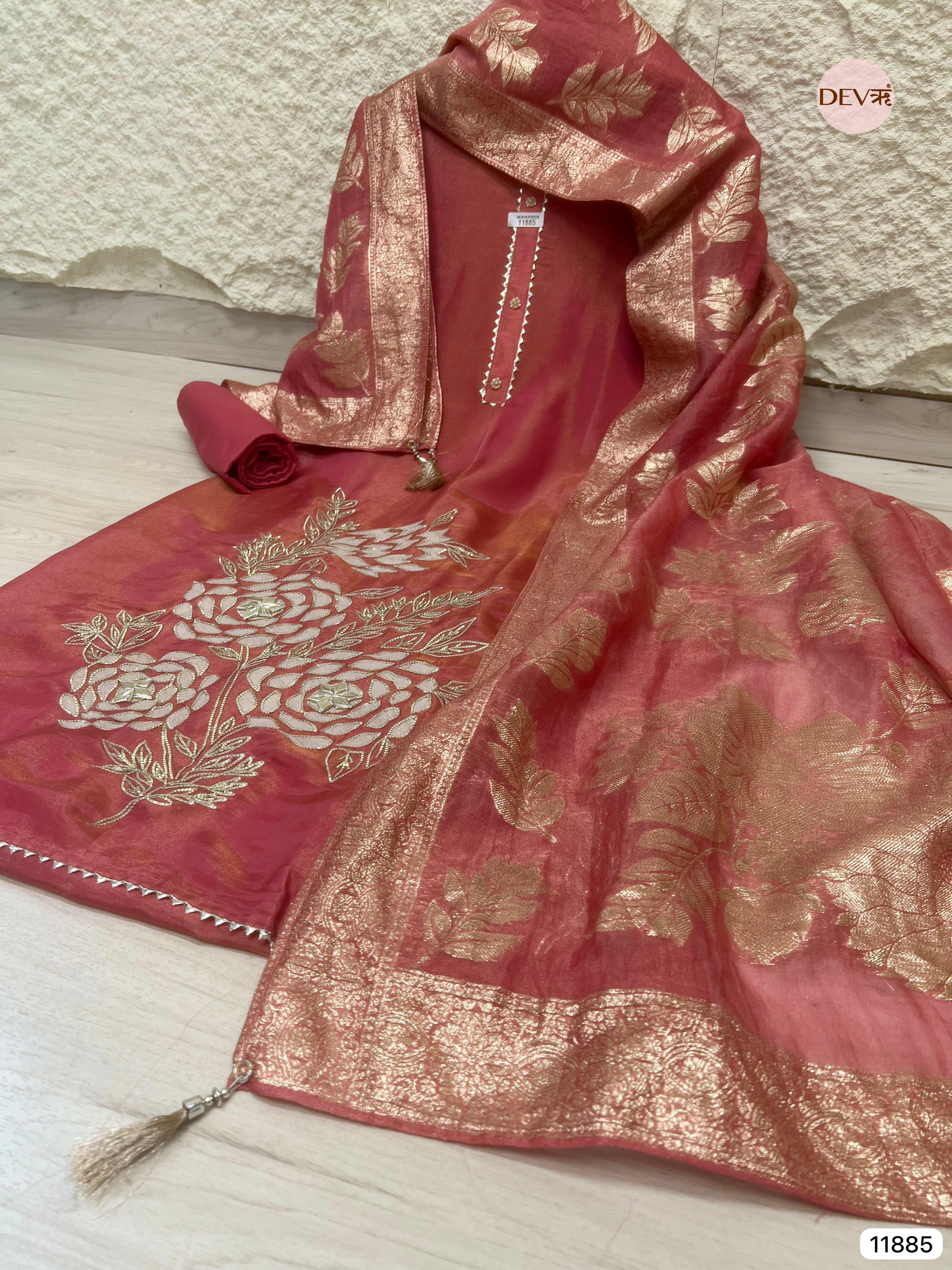 Pink Tissue Shimmer Silk Unstitched Hand Embroidered -Set Of 3 - {11885}