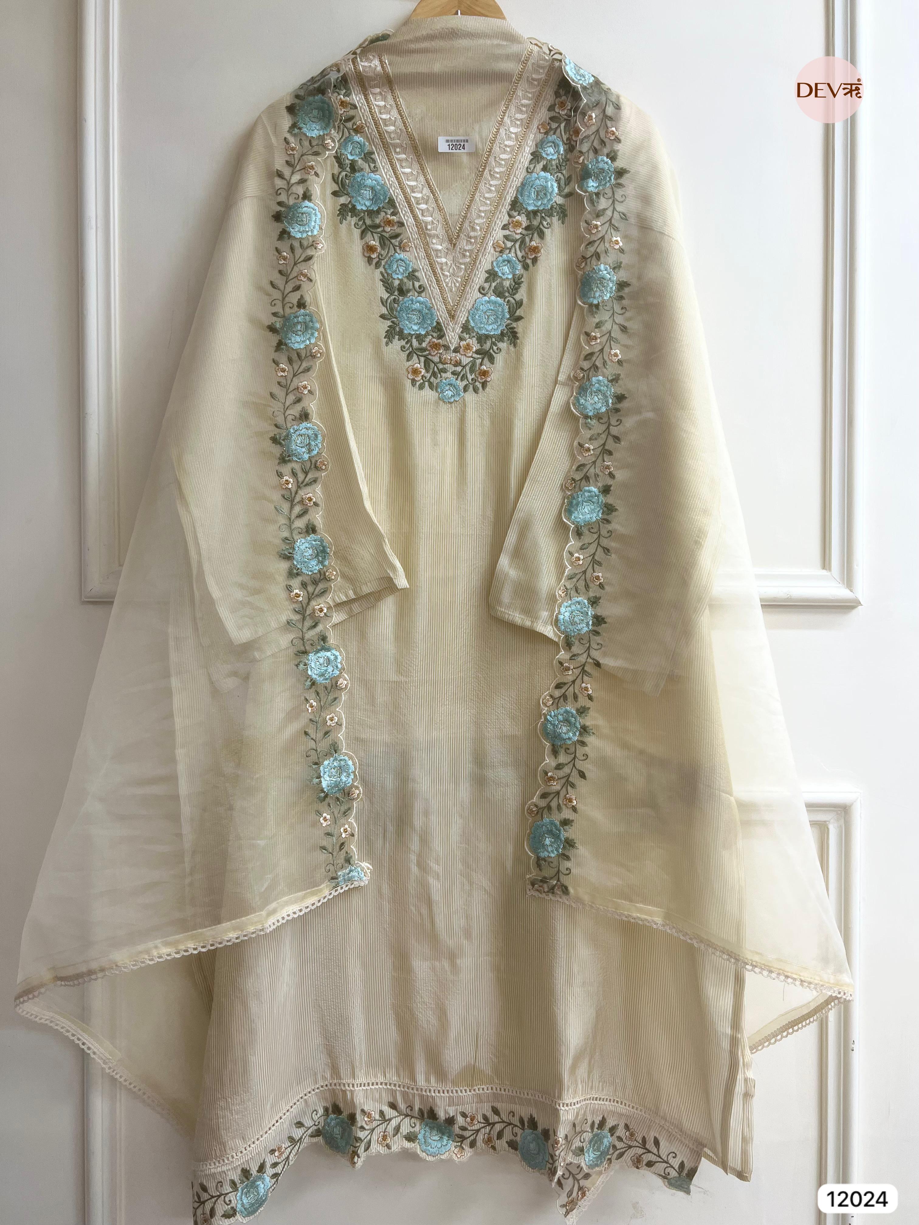 Off White Tissue Shimmer Silk Semi Stitched Embroidered -Set Of 3 - {12024}