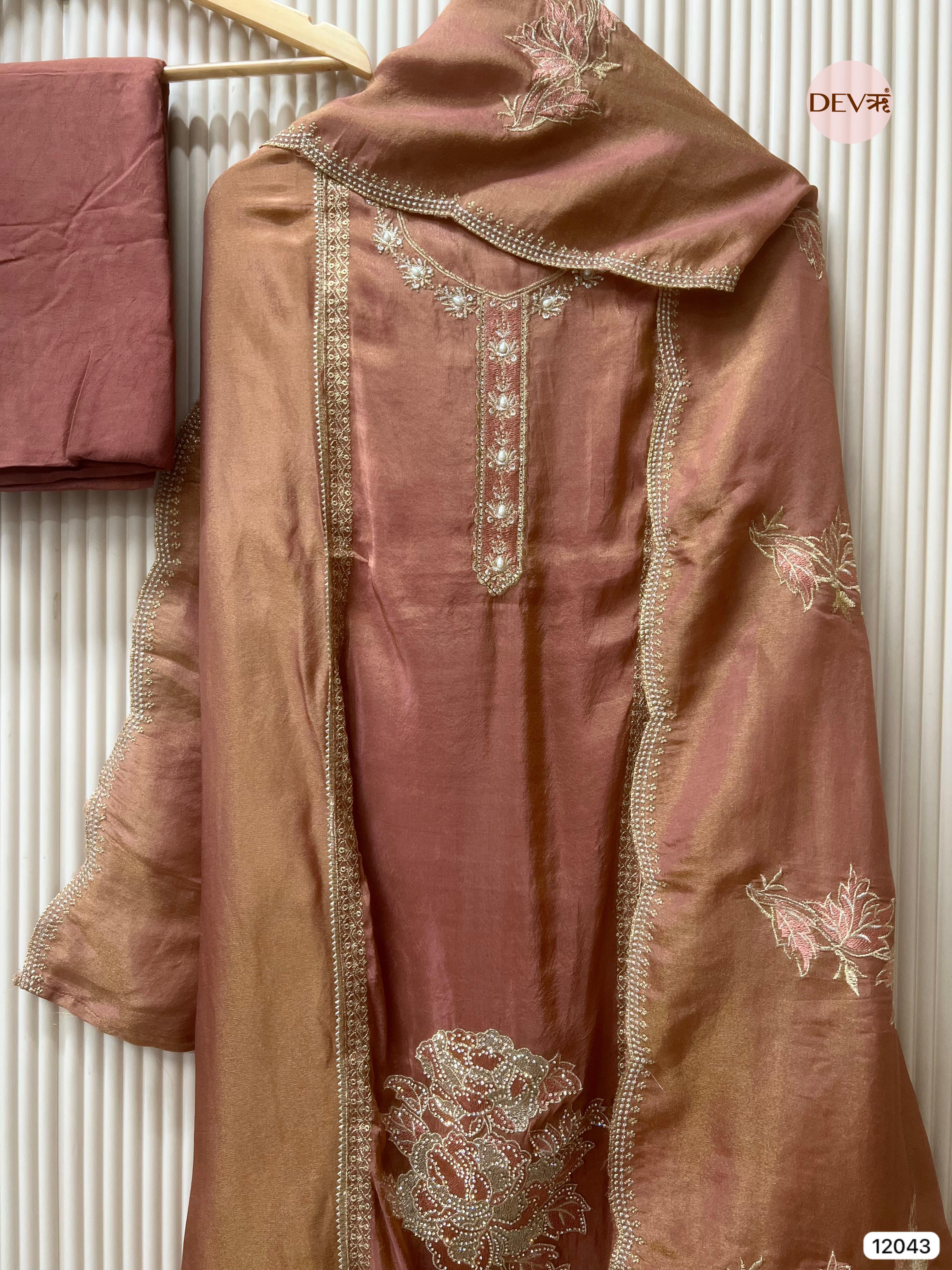 Brown Tissue Shimmer Silk Unstitched Hand Embroidered -Set Of 3 - {12043}