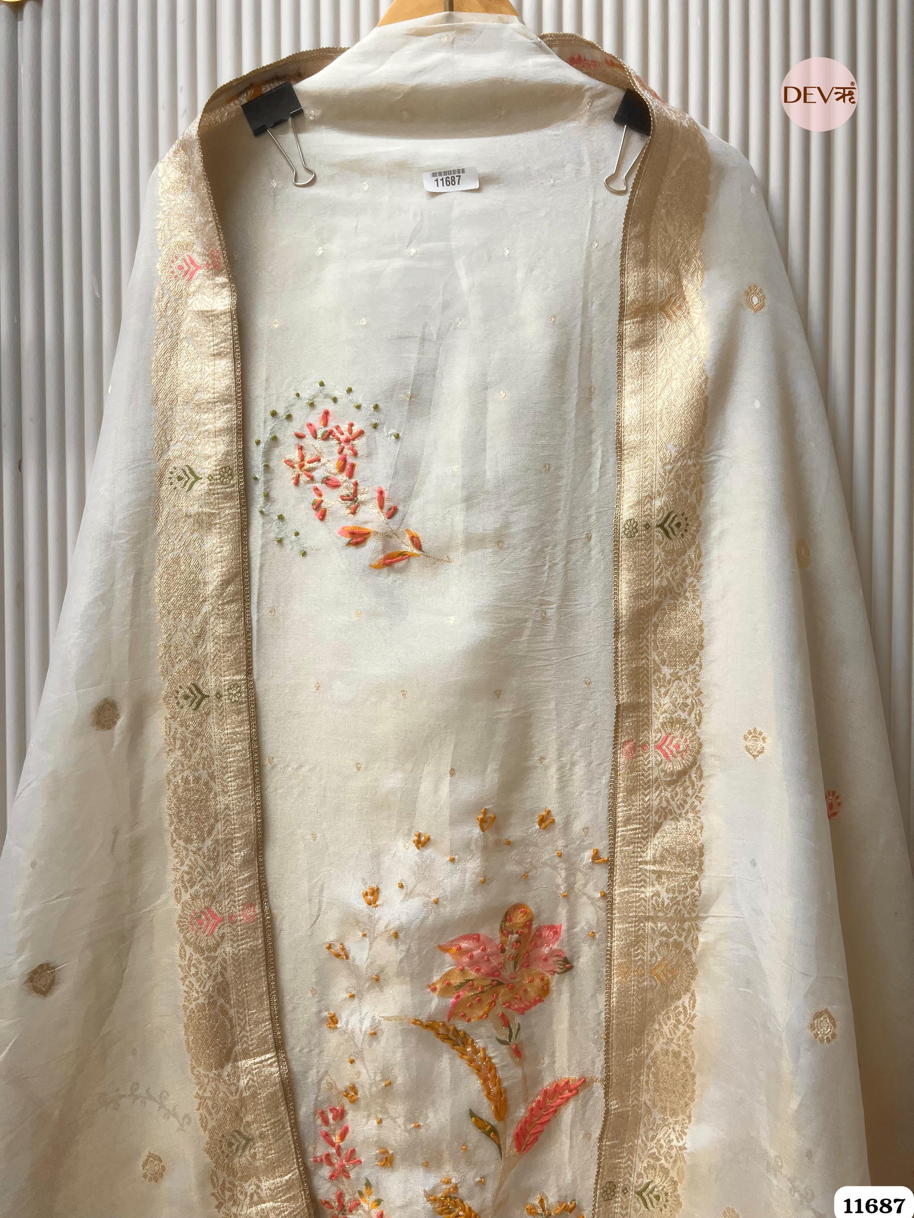 Off white Burberry Silk Unstitched Woven Embroidered -Set Of 3 {11687}
