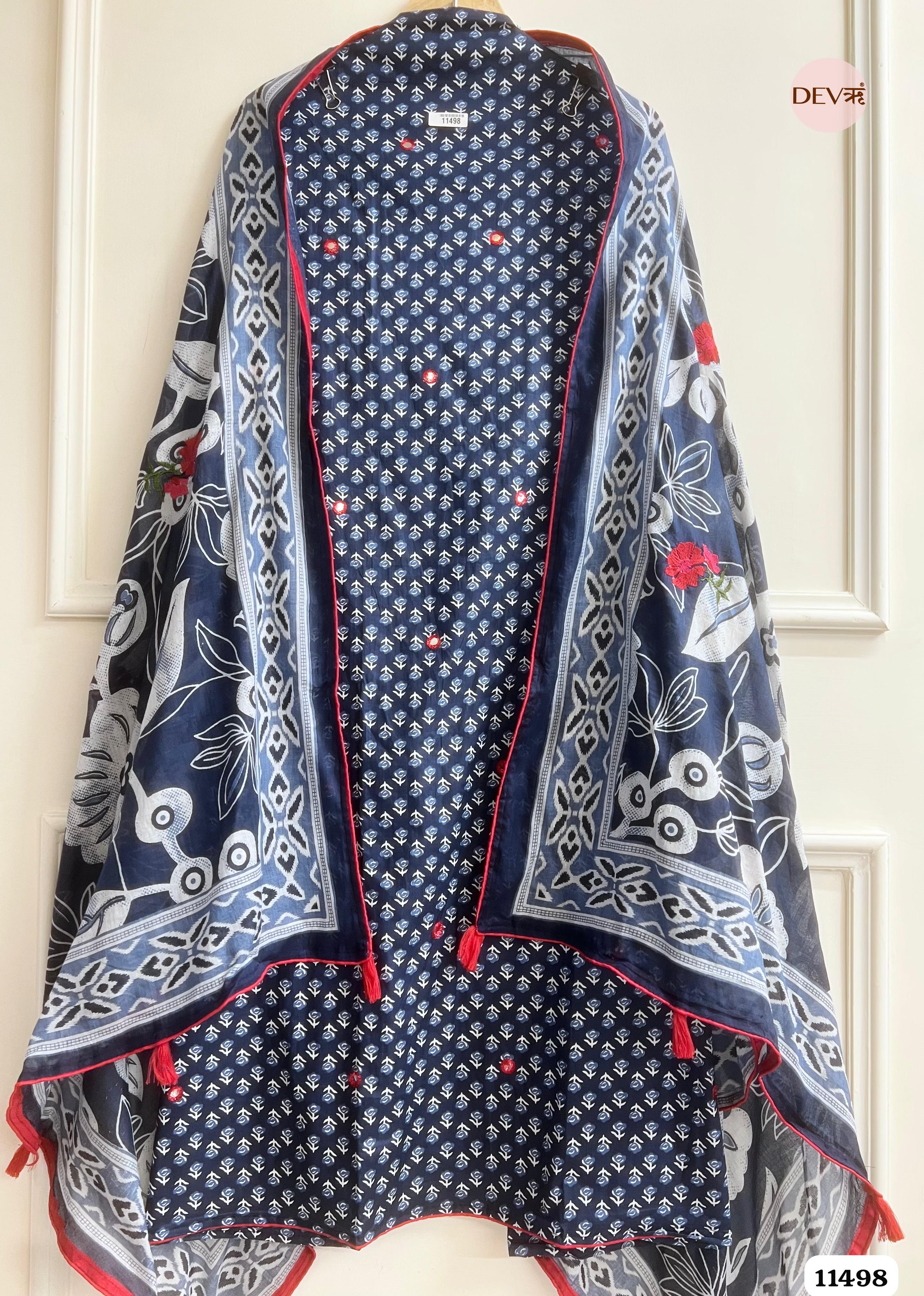 Blue Mul Cotton Unstitched Printed Hand Embroidered -Set Of 3 {11498}