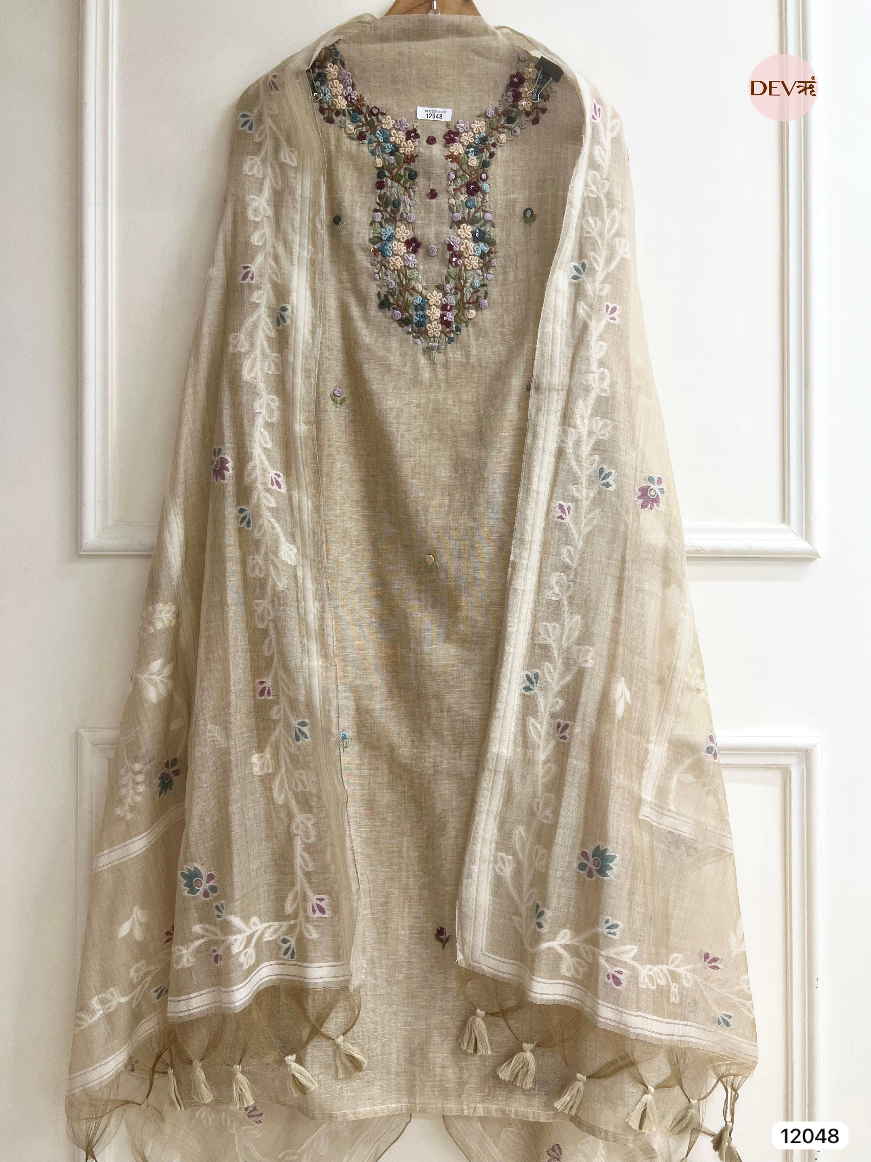 Off White Pure Khadi Silk Unstitched Embroidered -Set Of 3 - {12048}