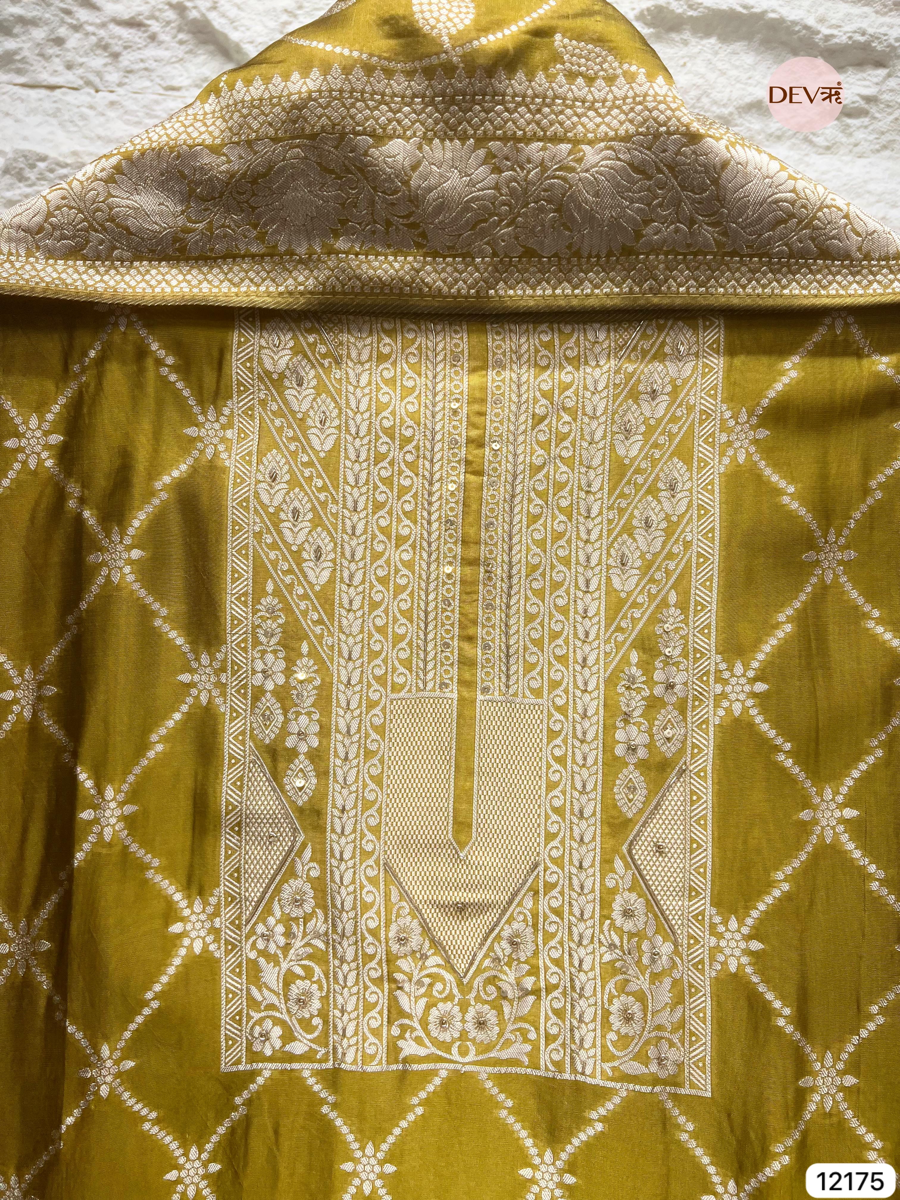 Yellow Pure Banarasi Silk Unstitched Hand Embroidered-Set of 3 - {12175}