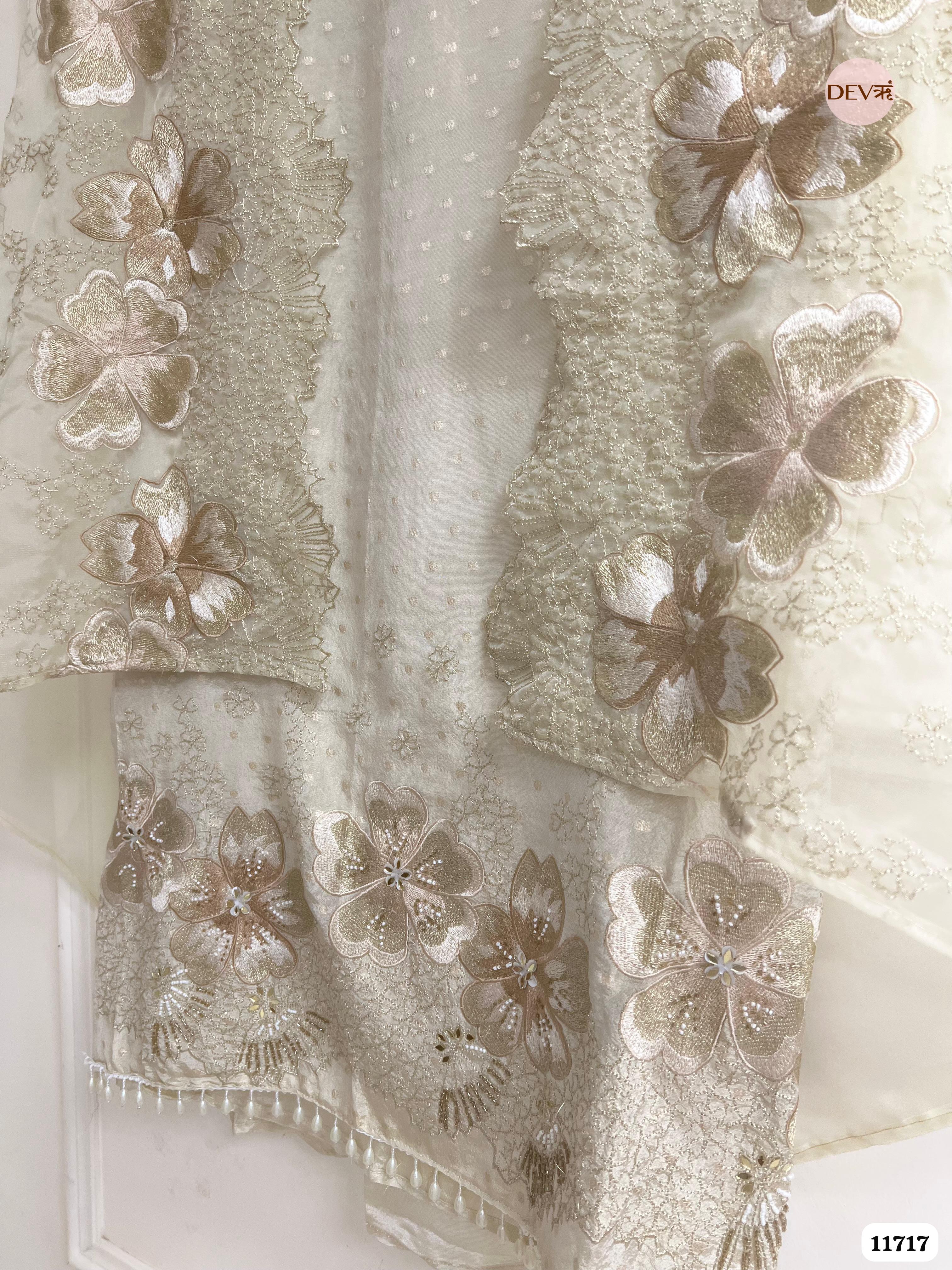 Off White Tissue Shimmer Silk Unstitched Embroidered -Set Of 3- {11717}