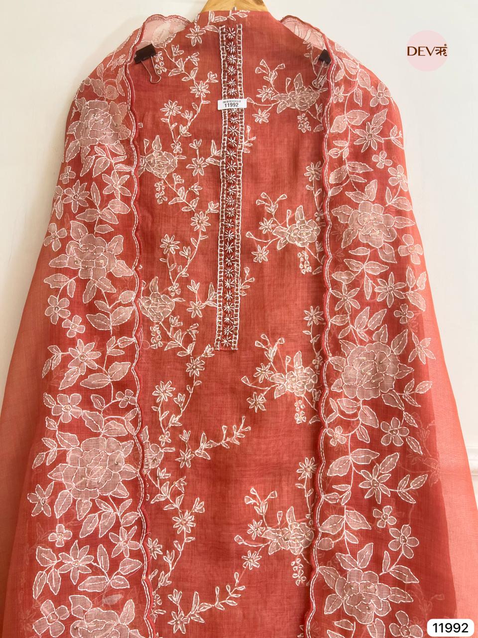 Rust Pure Mul Linen Unstitched Embroidered -Set Of 3 - {11992}