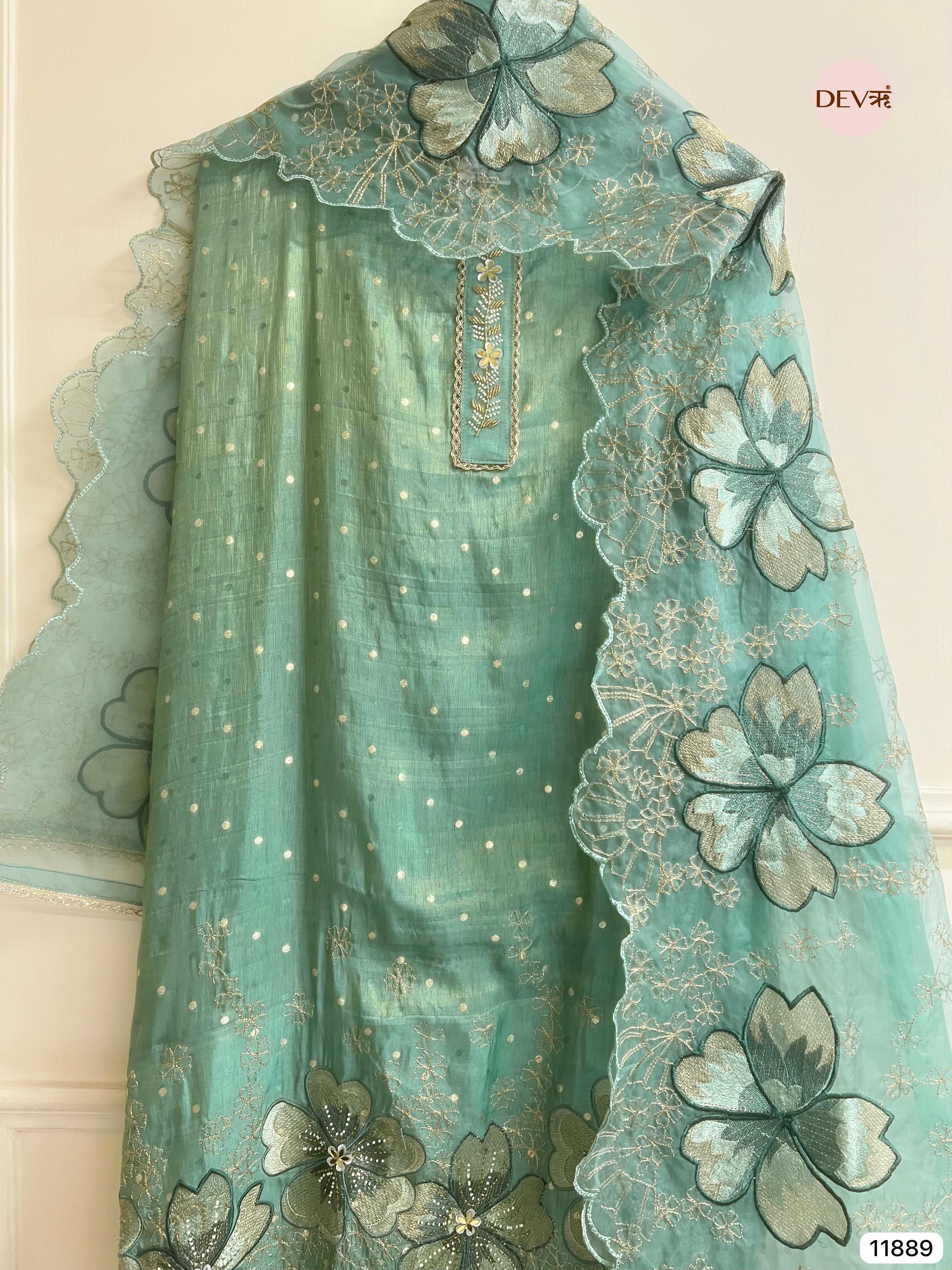 Green Tissue Silk Unstitched Embroidered -Set Of 3- {11889}