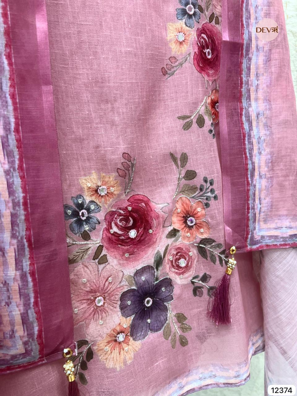 Rose Pink Linen Printed Unstitched 3-Piece Suit (Devri – D.No 12374)