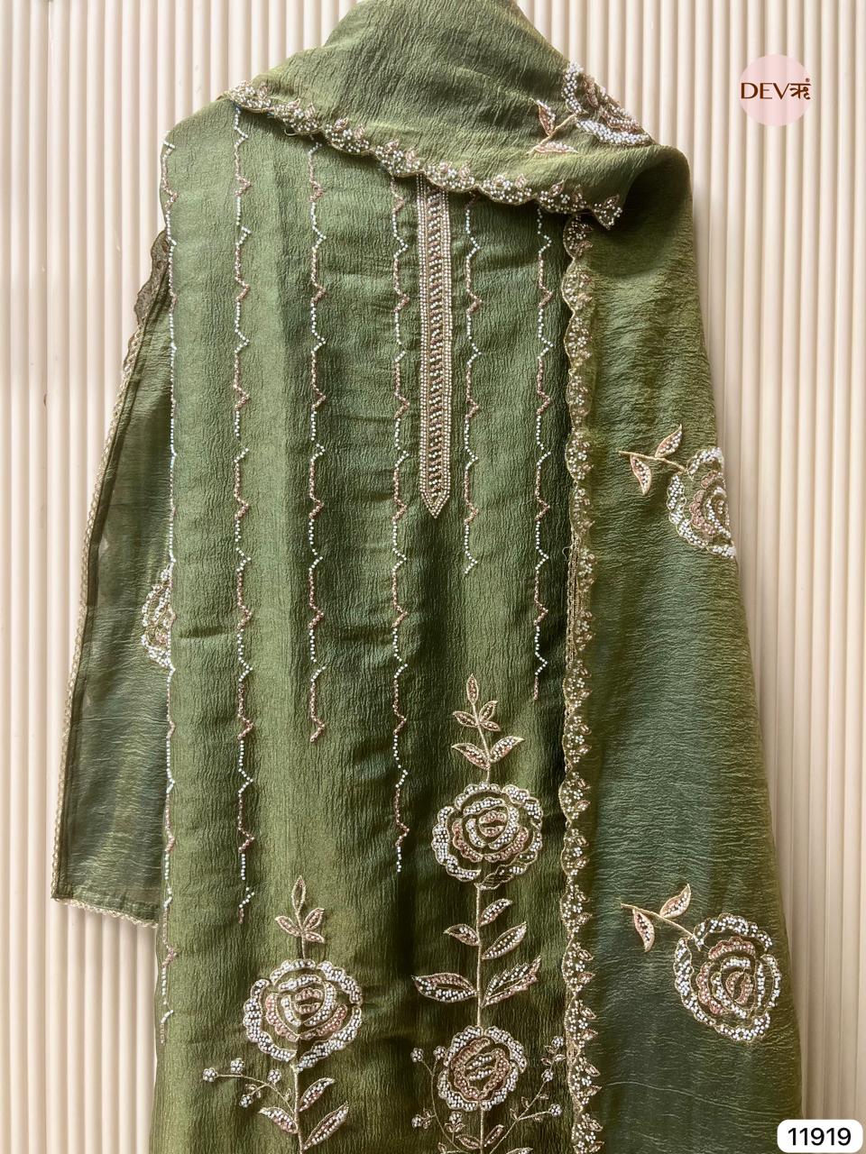 Green Pure Tissue Crush Unstitched Hand Embroidered -Set Of 3 - {11919}