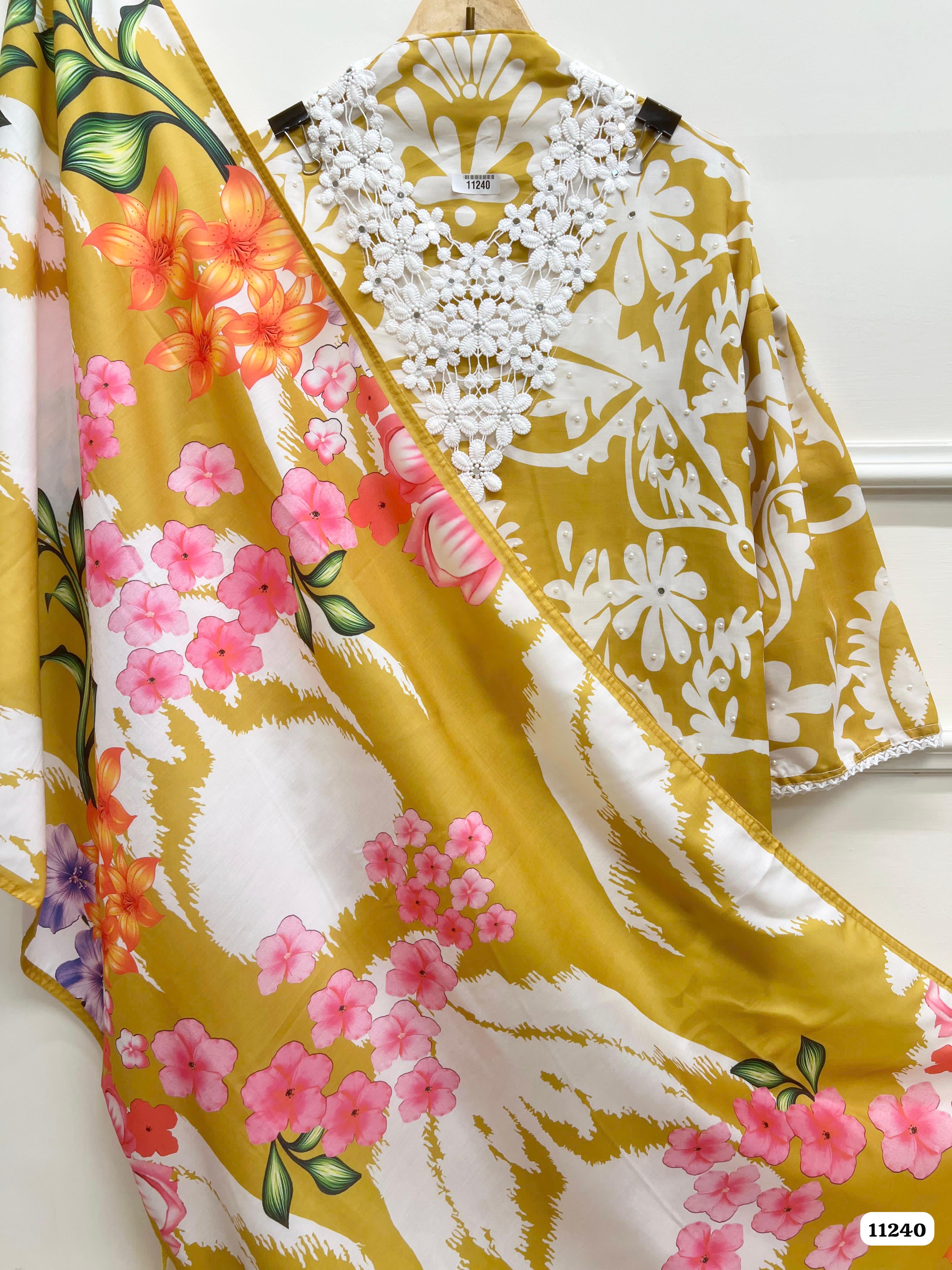 Yellow Muslin Blend Semi Stitched-Set Of 3 {11240}