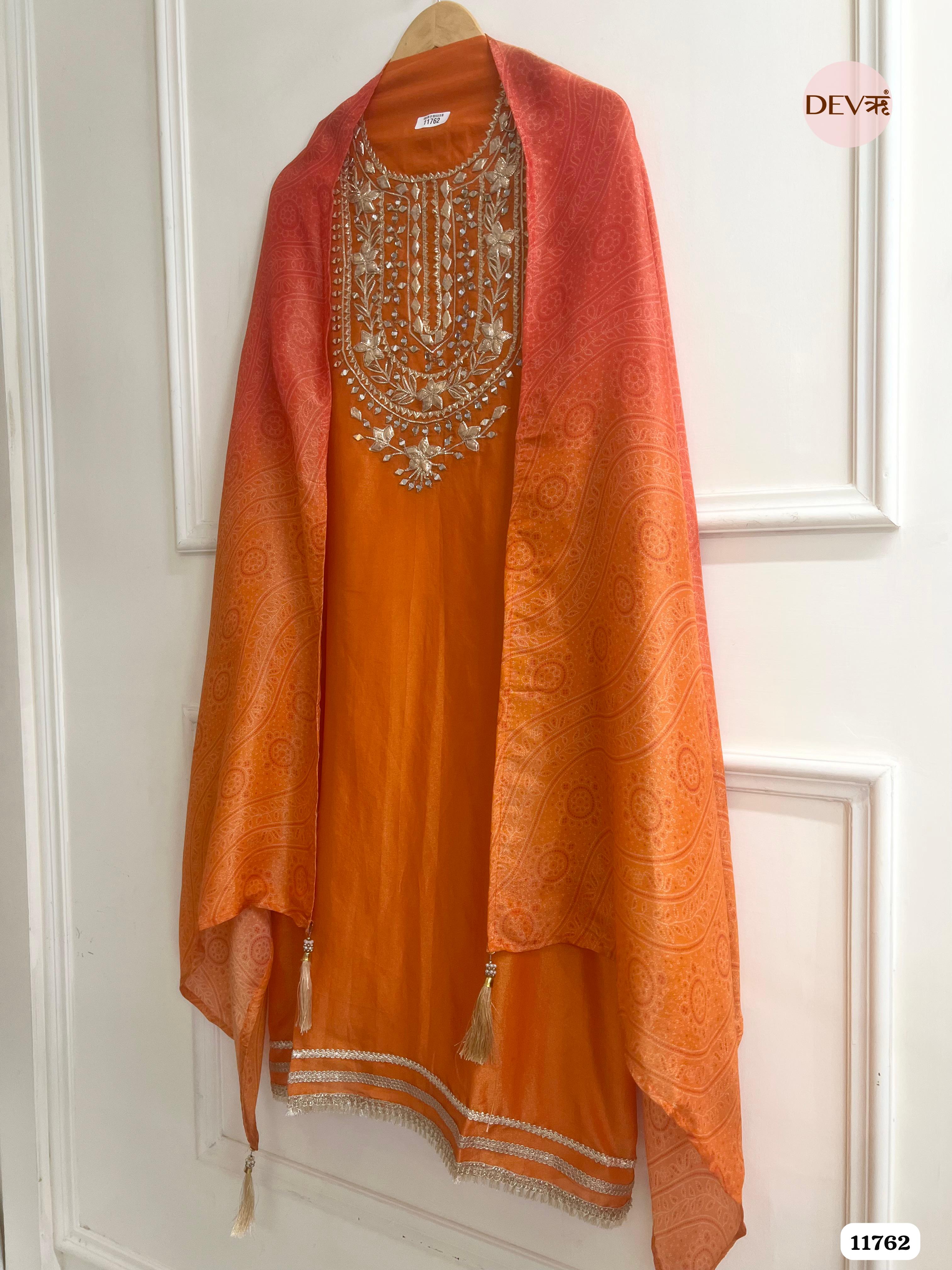Orange Tissue Silk Unstitched hand Embroidered -Set Of 3 {11762}