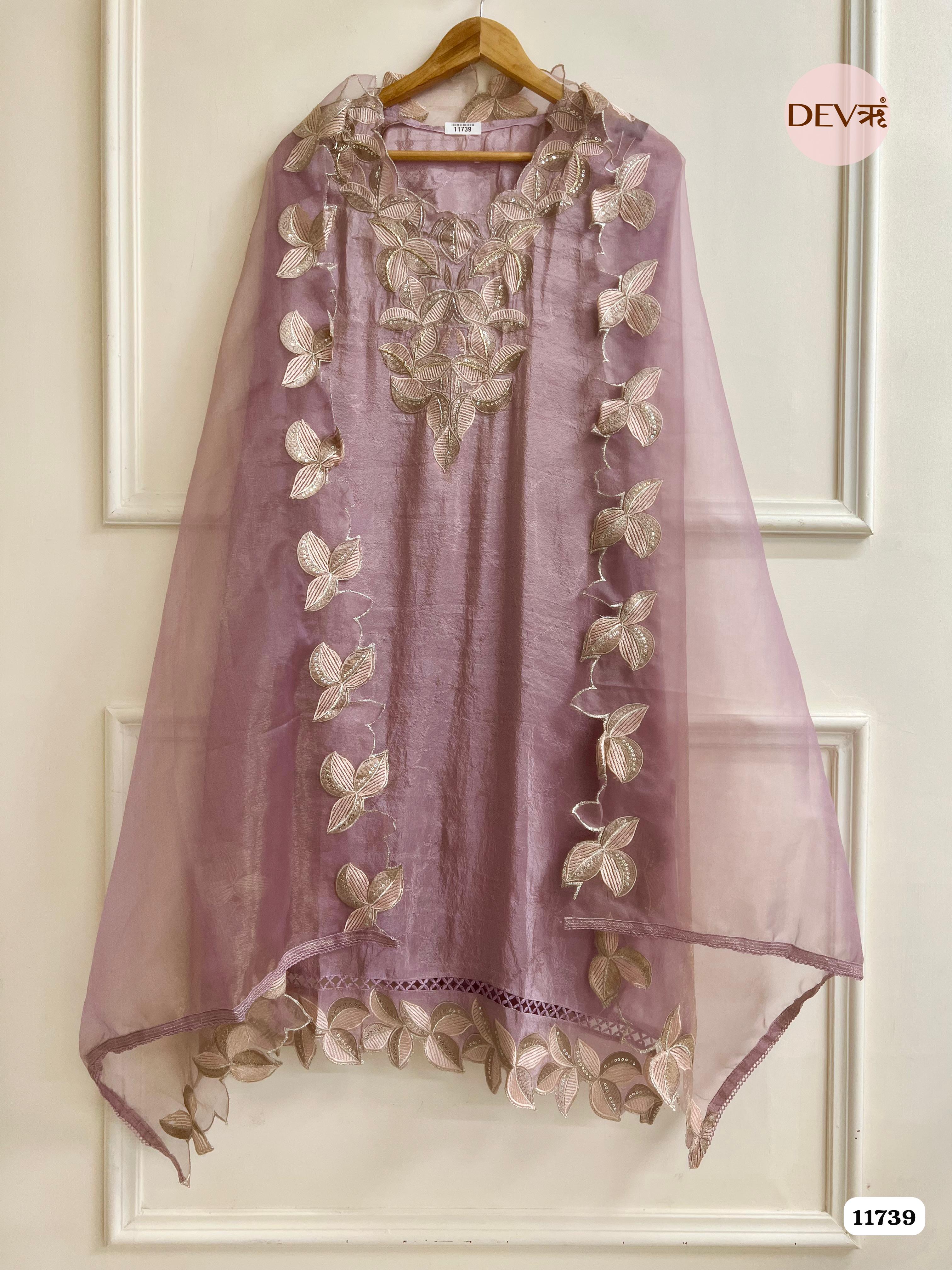 Purple Tissue Silk Woven Unstitched Embroidered -Set Of 3 {11739}