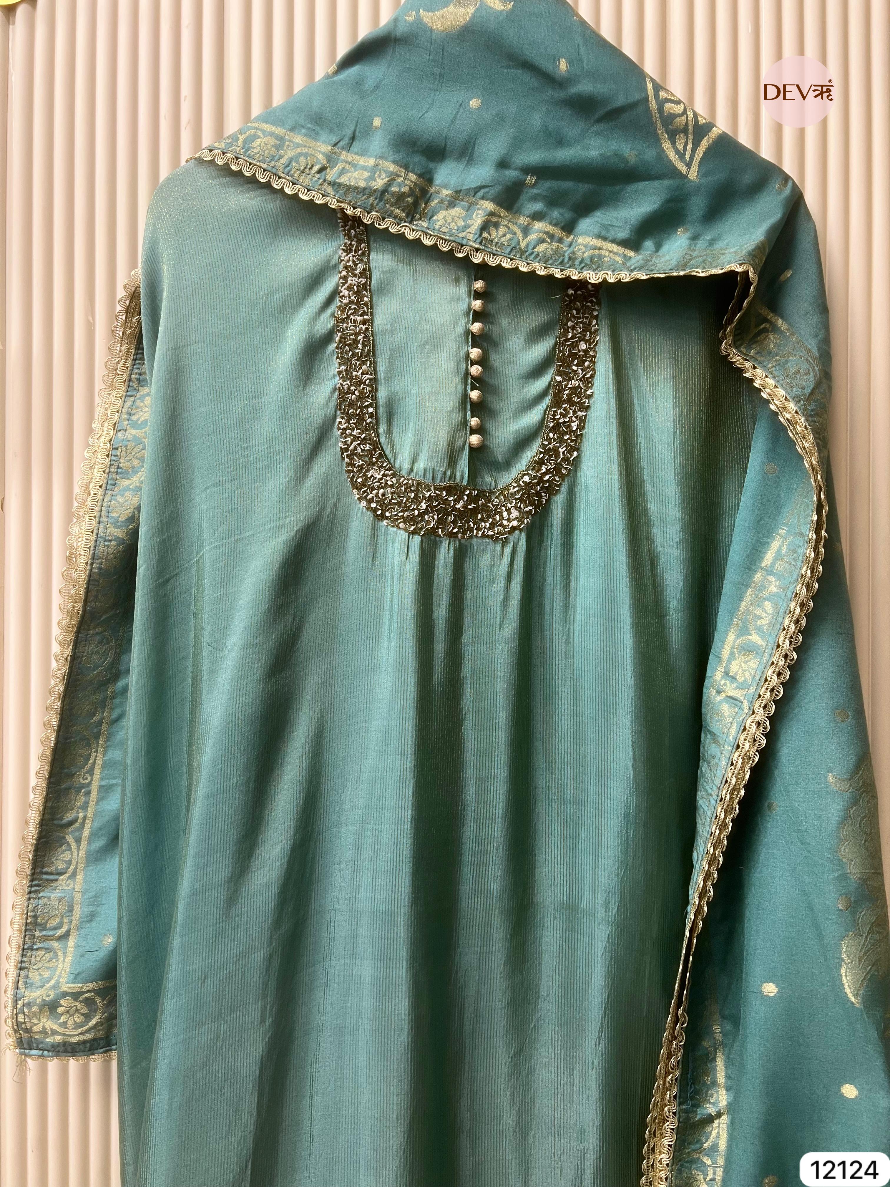 Blue-Green Shimmer Silk Unstitched Hand Embroidered -Set Of 3 - {12124}