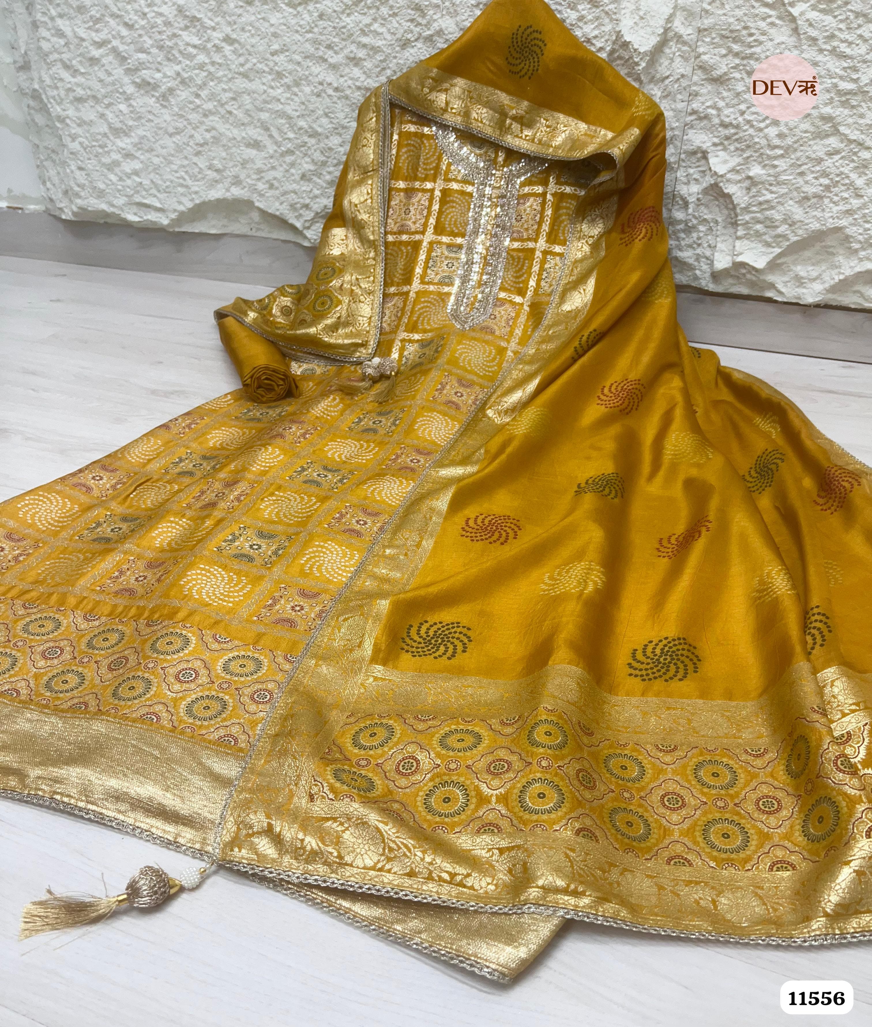 Mustard Yellow Pure Banarasi Silk Woven Unstitched Hand Embroidered -Set Of 3 {11556}