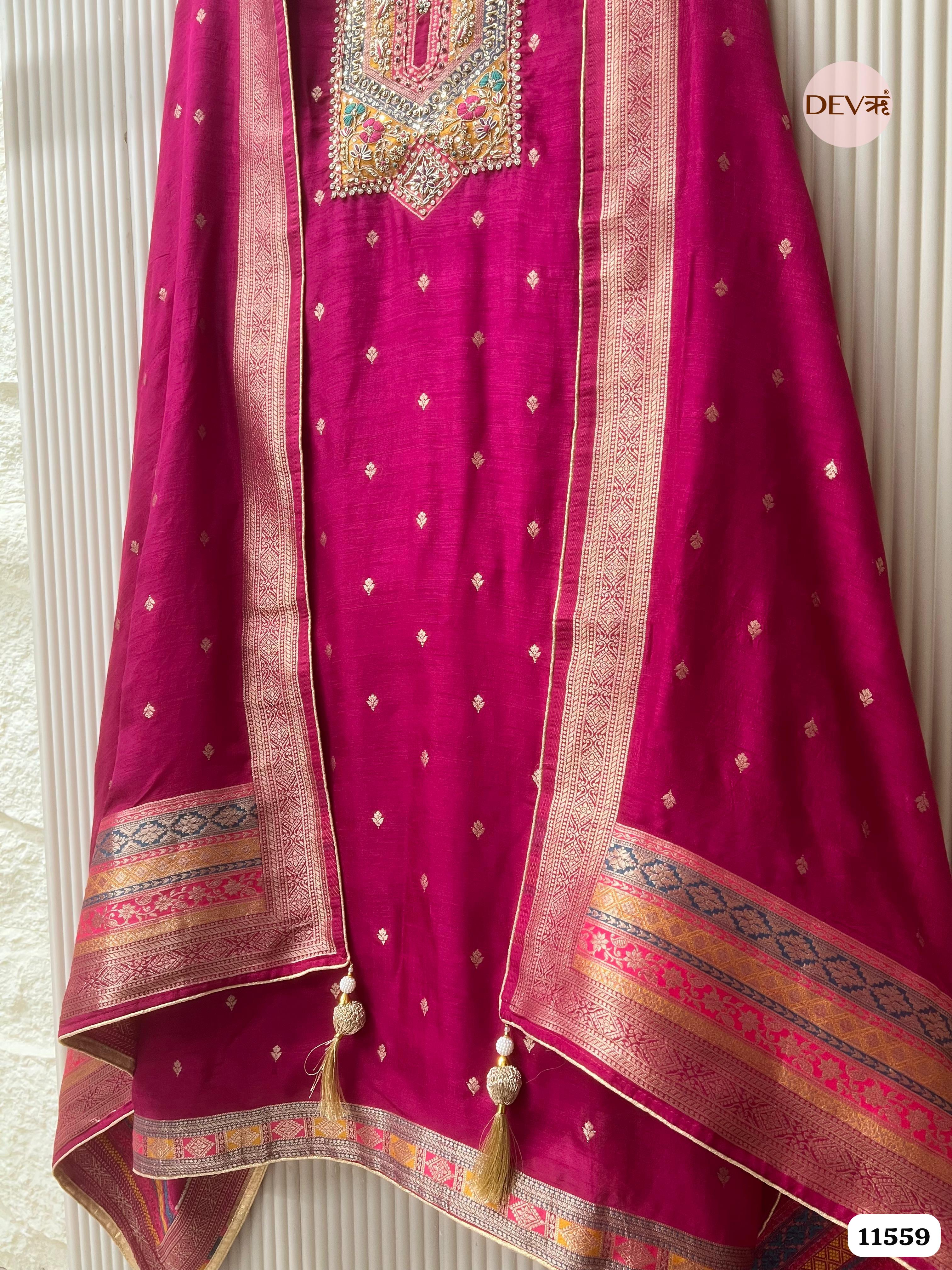 Red Dola silk Banarasi Weave Unstitched Hand Embroidered -Set Of 3 {11559}