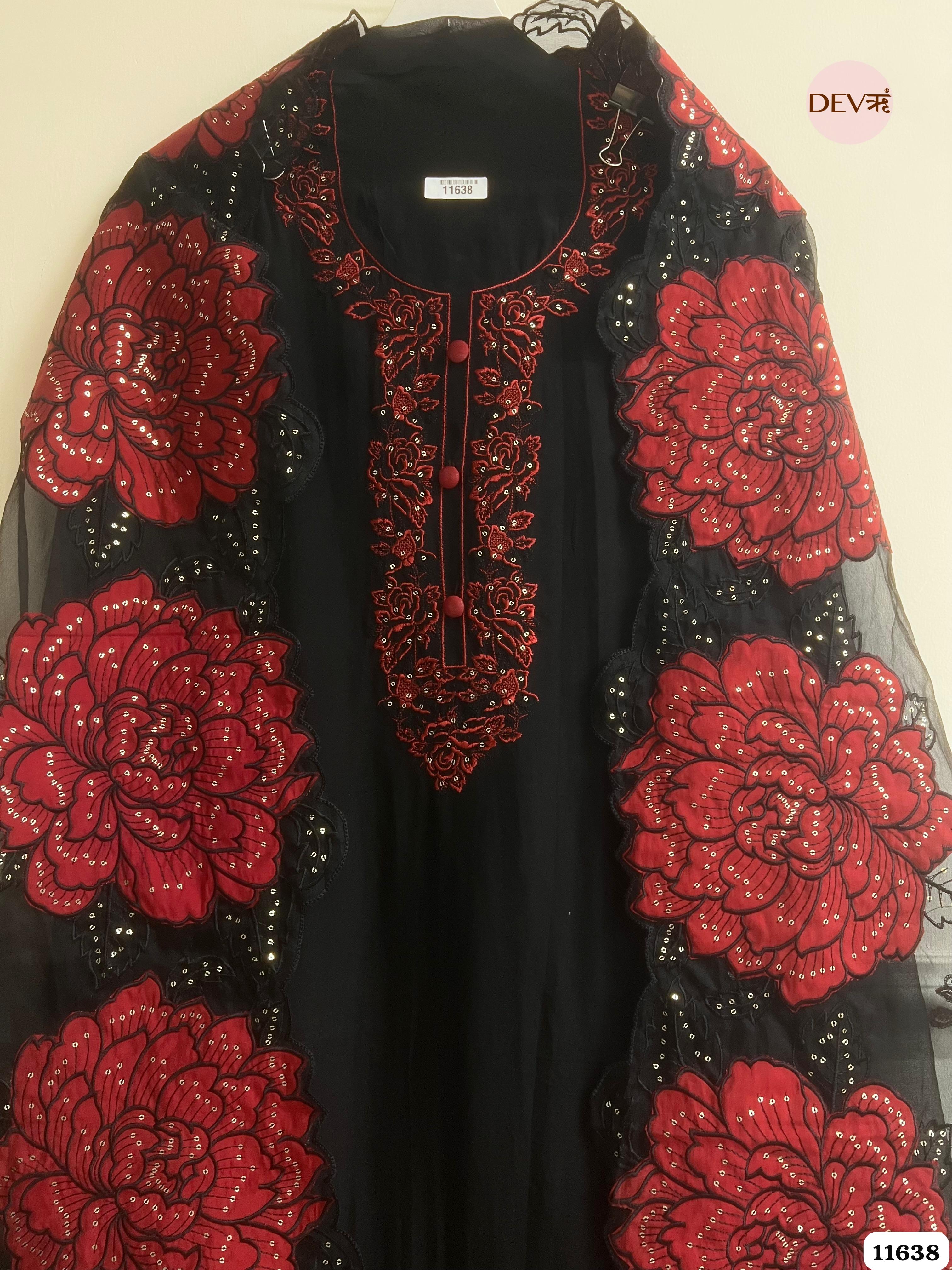 Black Organza Unstitched Embroidered -Set Of 3 {11638}