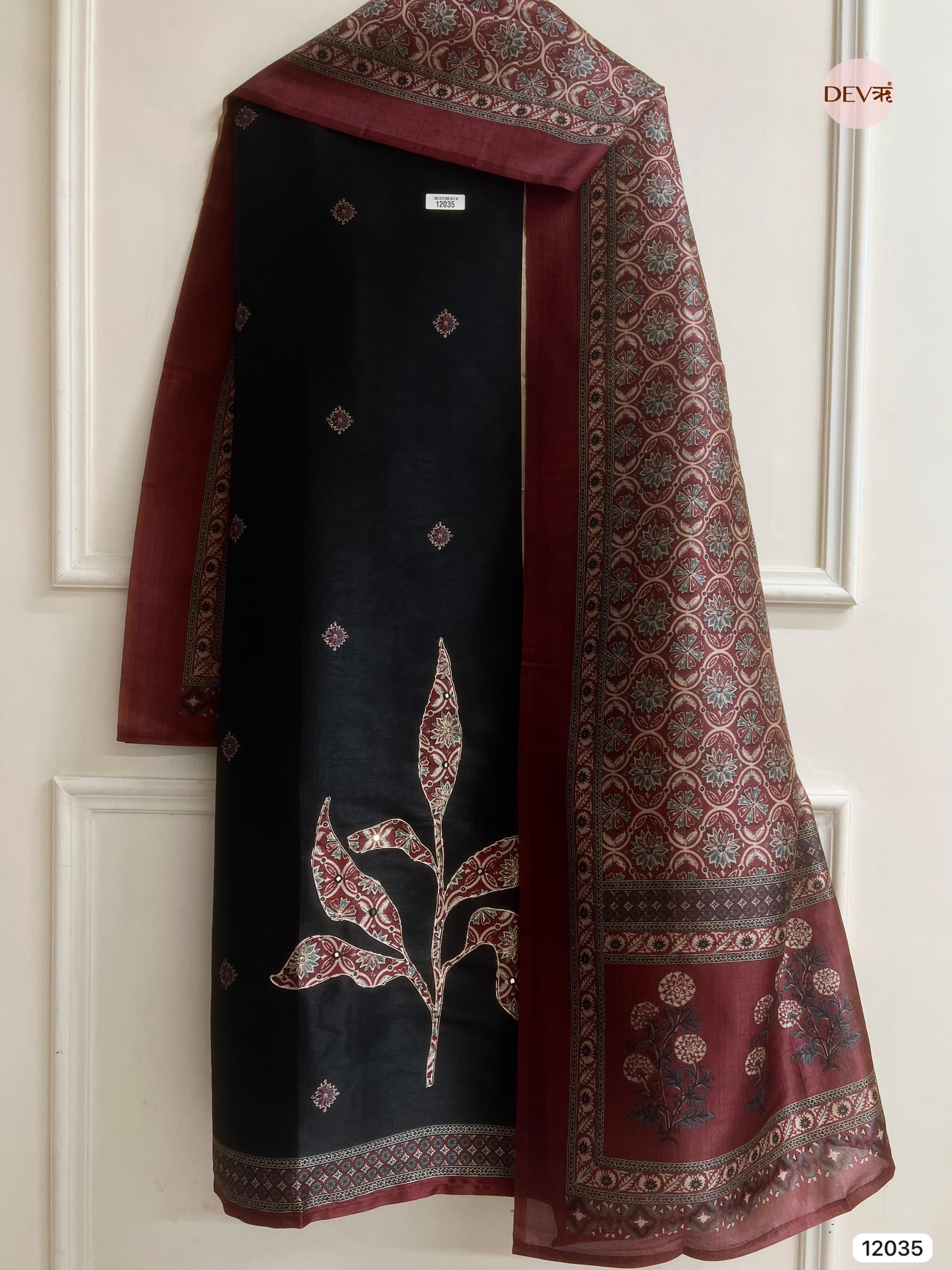 Black Raw Silk Unstitched Hand Applique Work Embroidered -Set Of 3 - {12035}