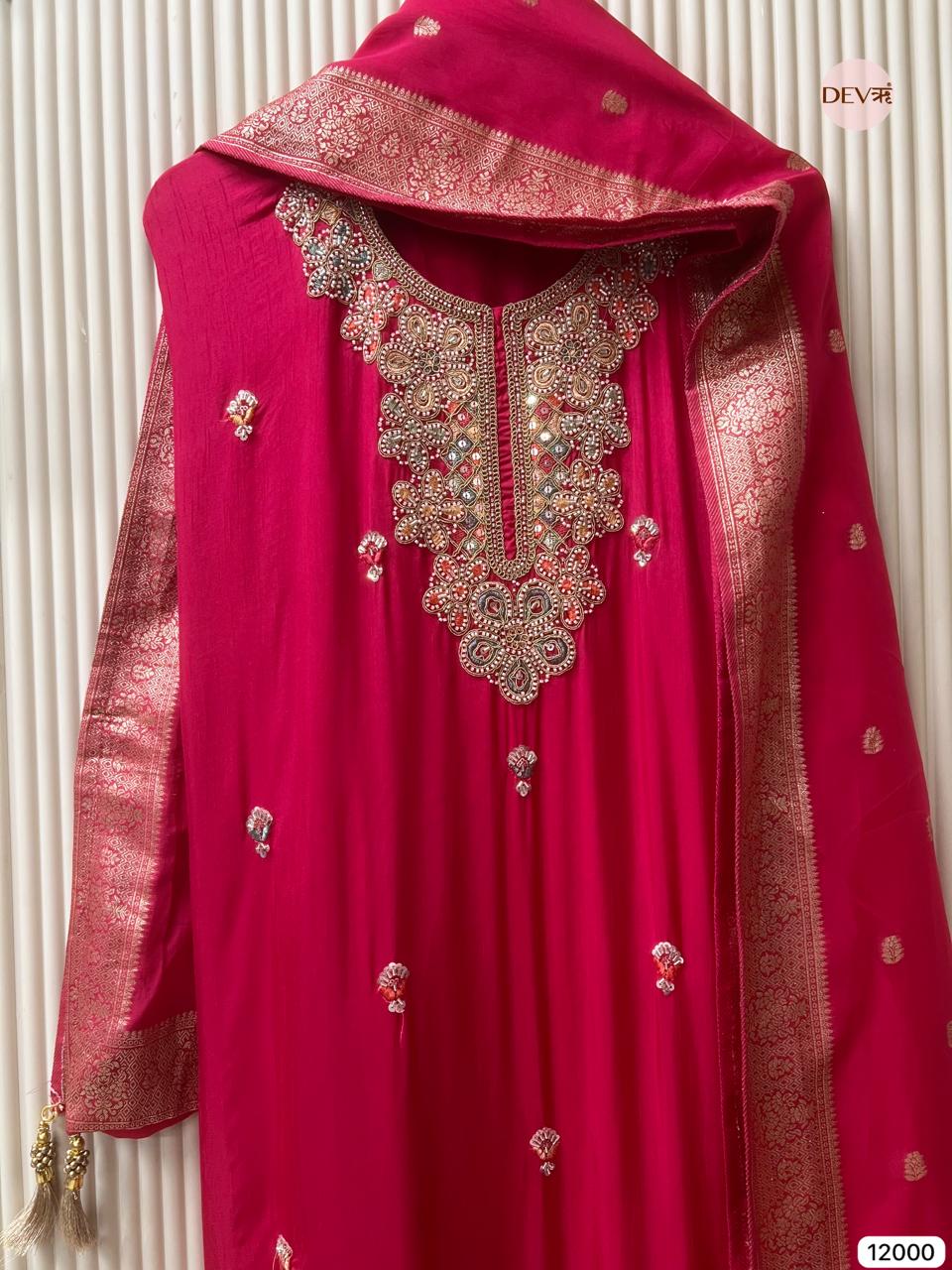 Red Pure Russian Silk Unstitched Hand Embroidered -Set Of 3 - {12000}
