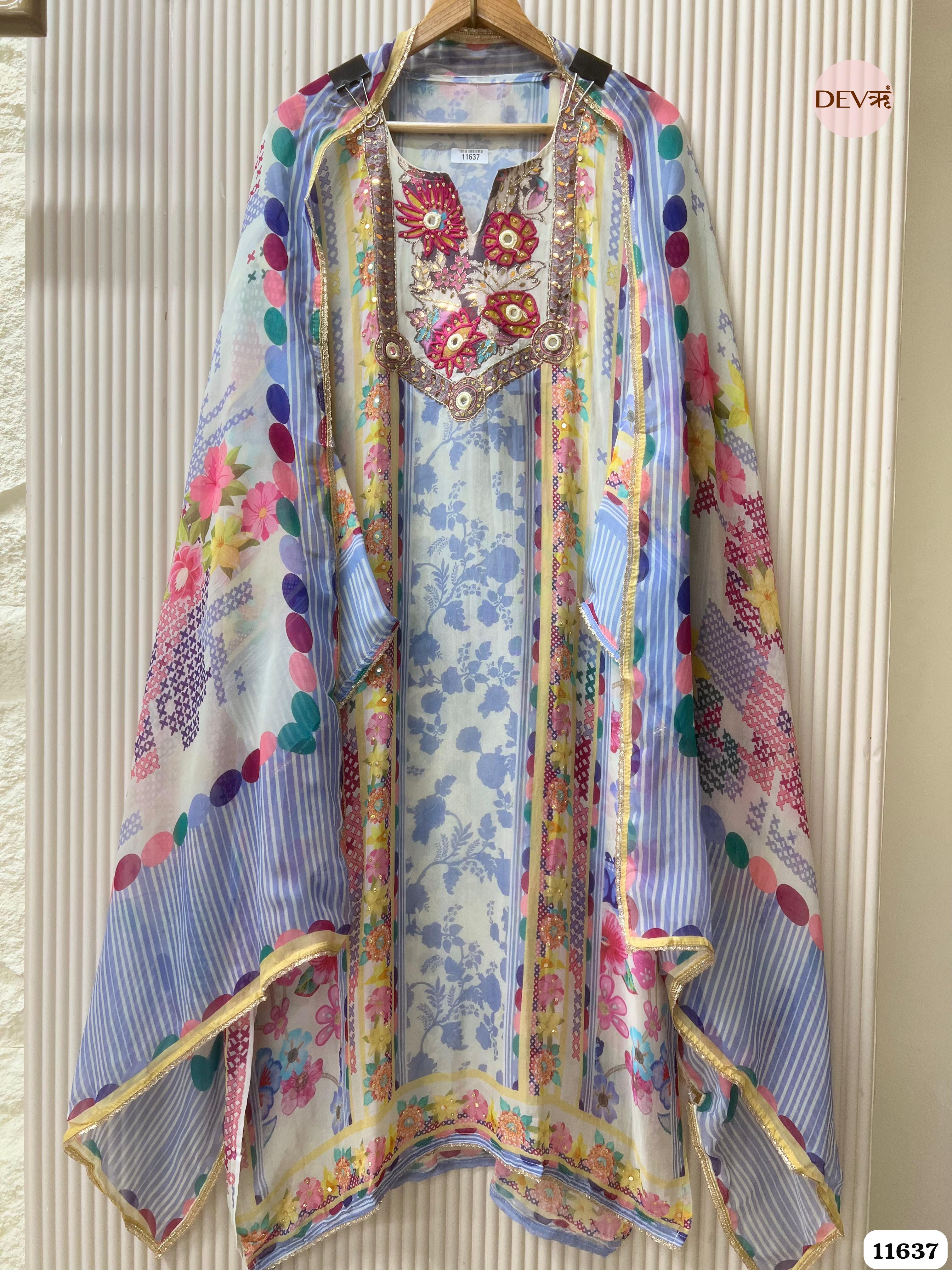 Blue Organza Printed Semi Stitched Hand Embroidered -Set Of 3 {11637}