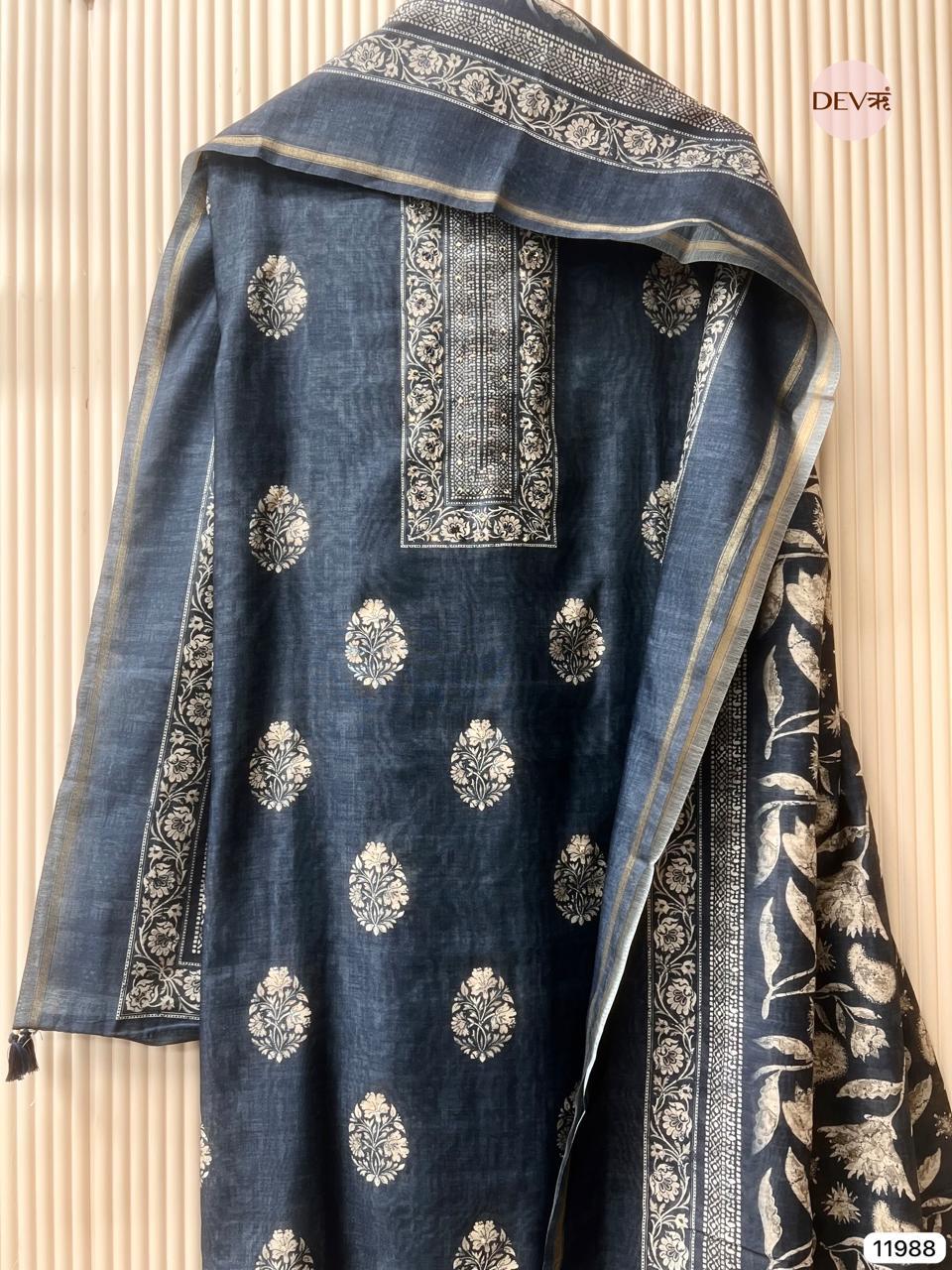 Navy Mul Chanderi Printed Unstitched 3-Piece Suit (Devri – D.No 11988)