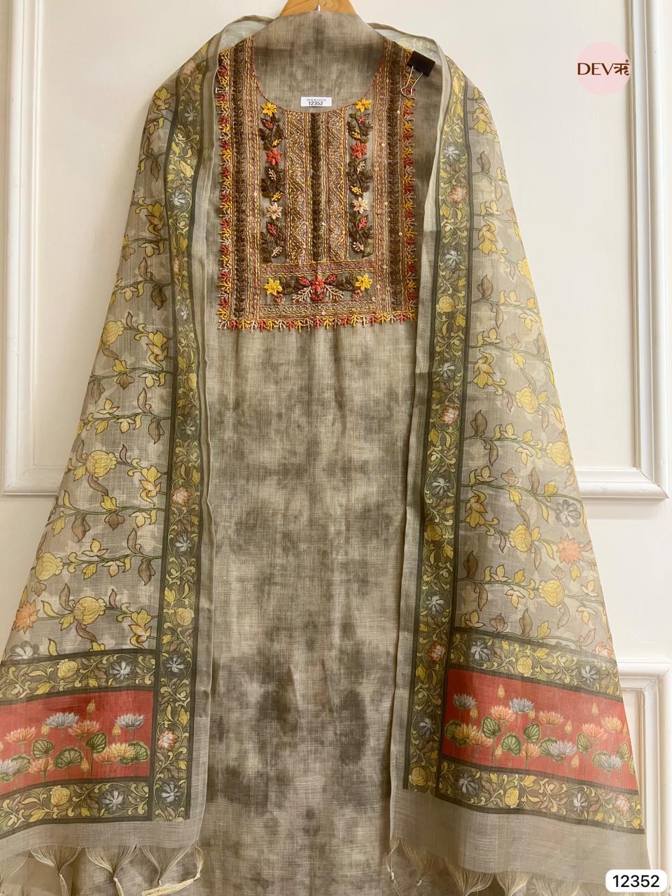 Olive Grey Linen Hand Embroidered Unstitched 3-Piece Suit (Devri – D.No 12352)
