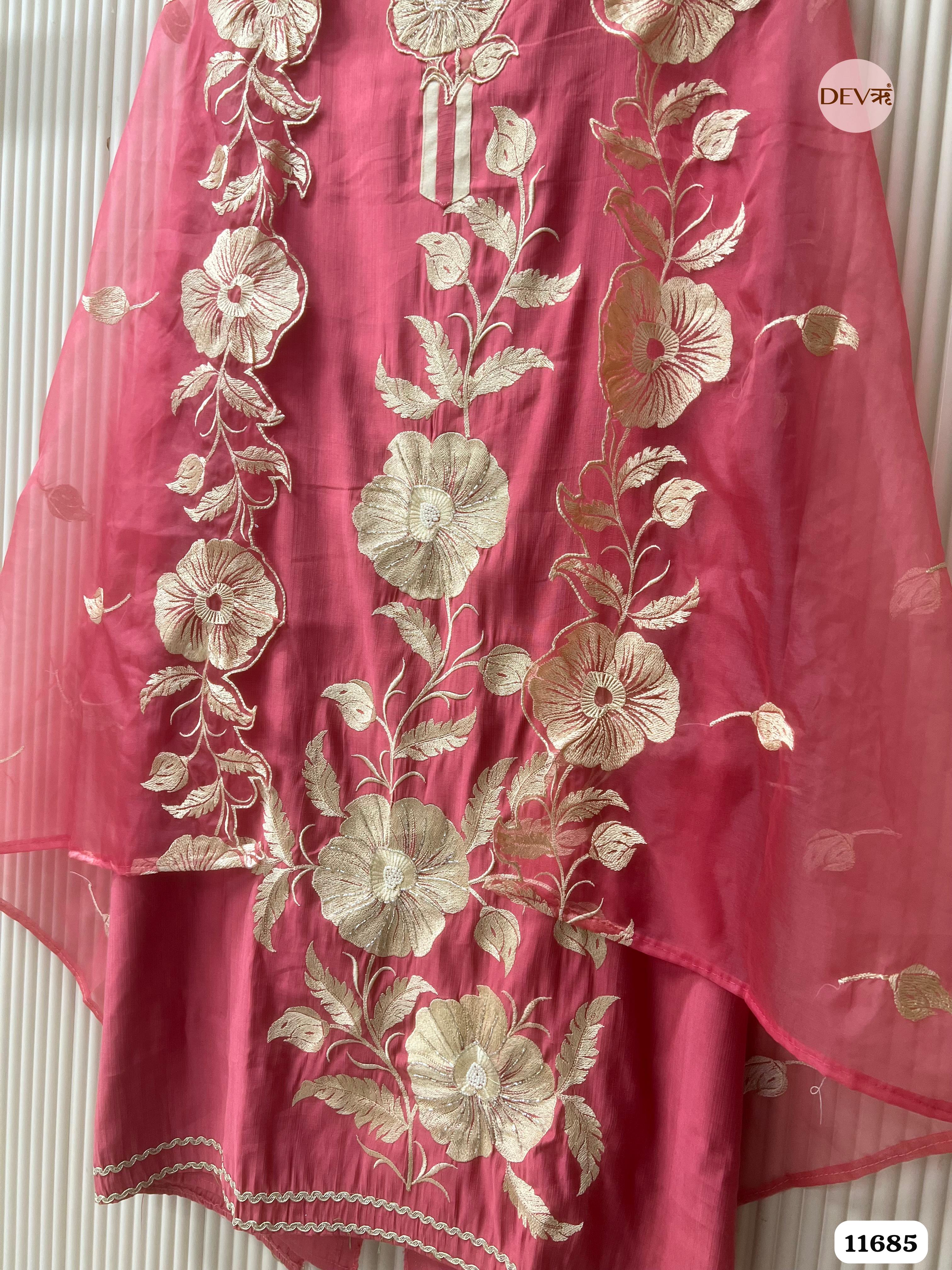 Pink Mul Chanderi Unstitched Embroidered -Set Of 3 {11685}