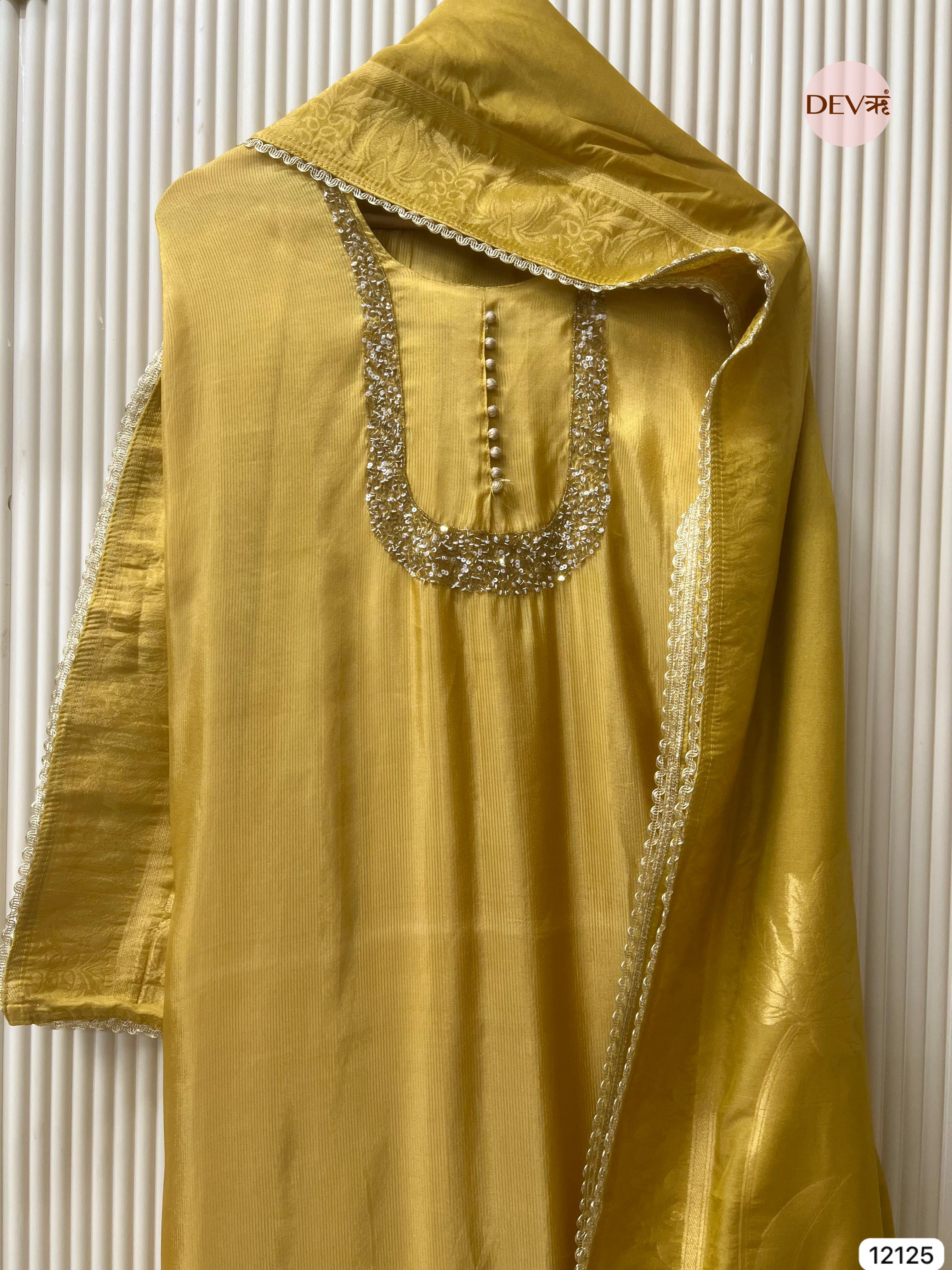 Yellow Shimmer Silk Unstitched Hand Embroidered -Set Of 3 - {12125}