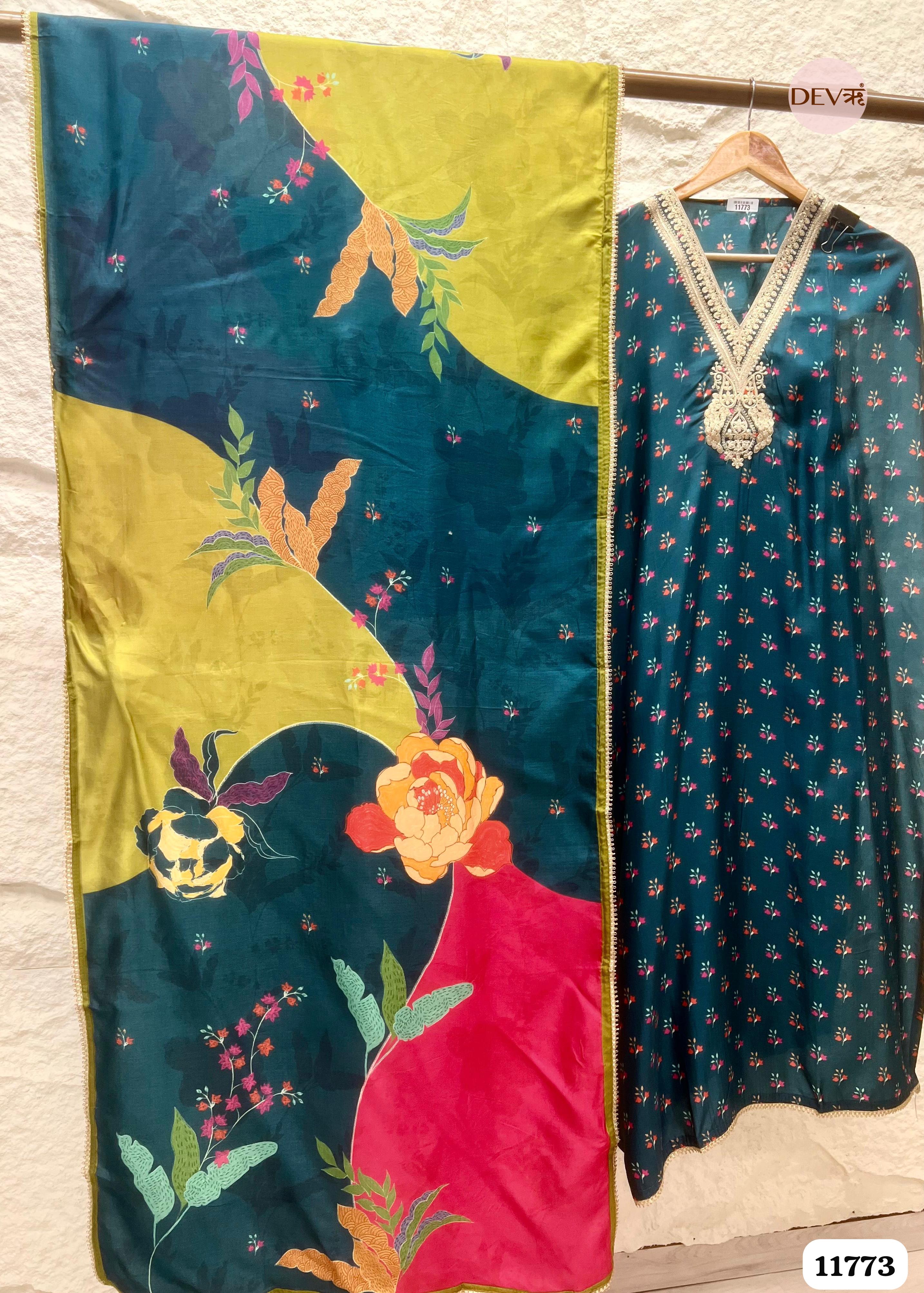 Royal Blue Russian Silk Unstitched Printed Embroidered -Set Of 3 {11773}