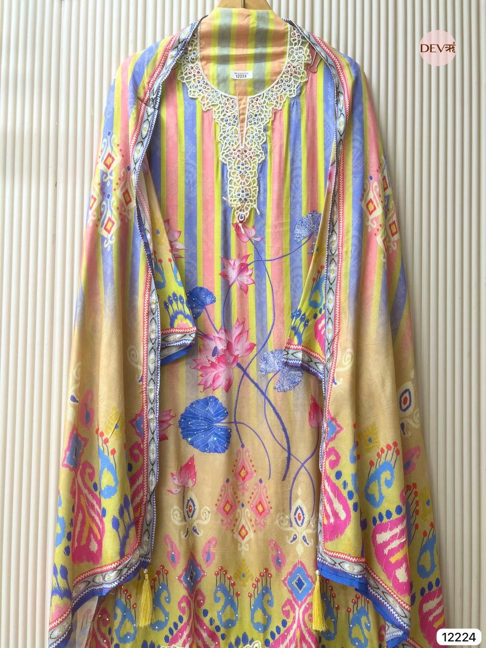 Multicolour Muslin Printed Unstitched 3-Piece Suit (Devri – D.No 12224)