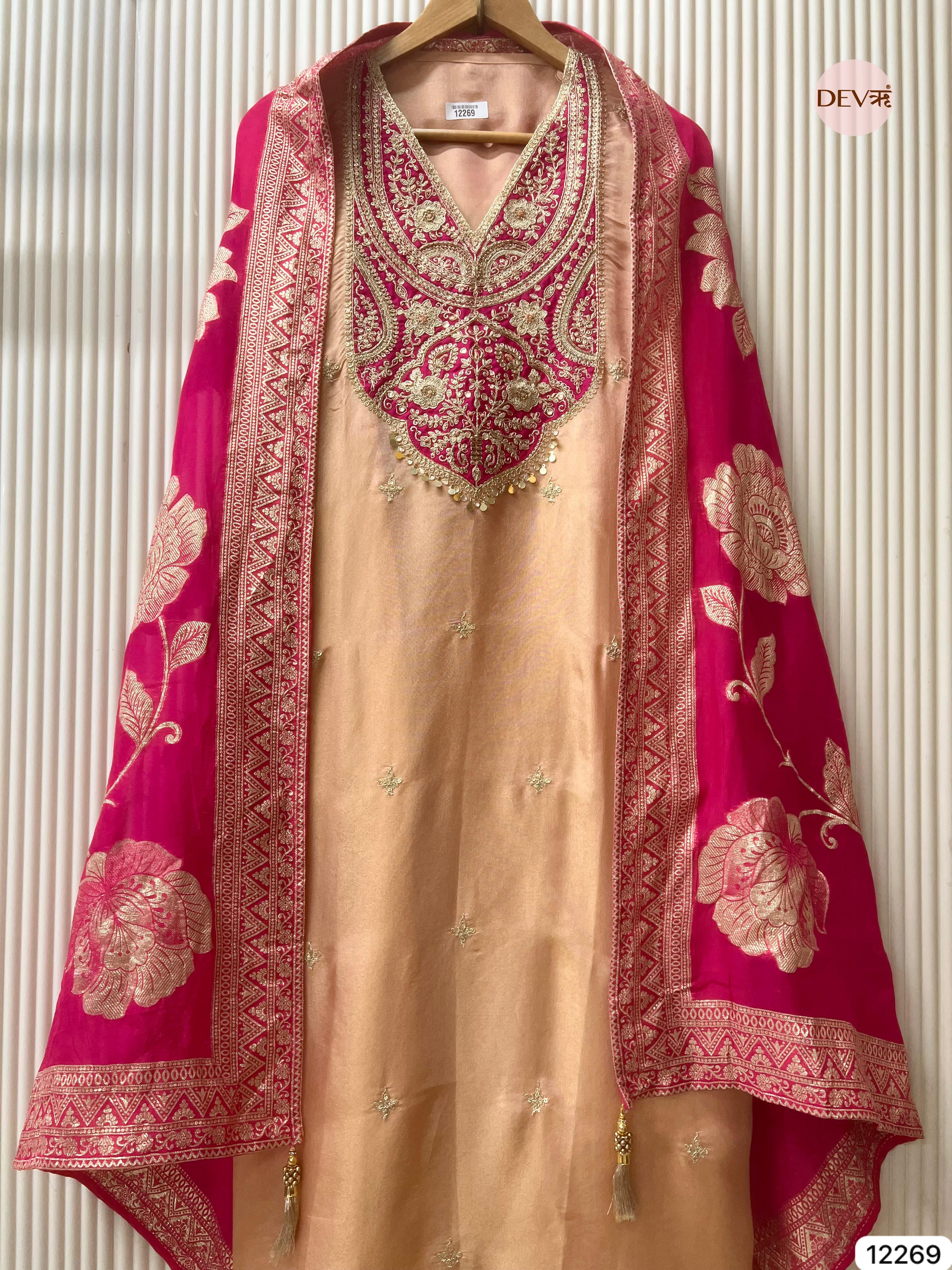 Peach–Rani Tissue Shimmer Silk Embroidered Unstitched 3-Piece Suit (Devri – D.No 12269)