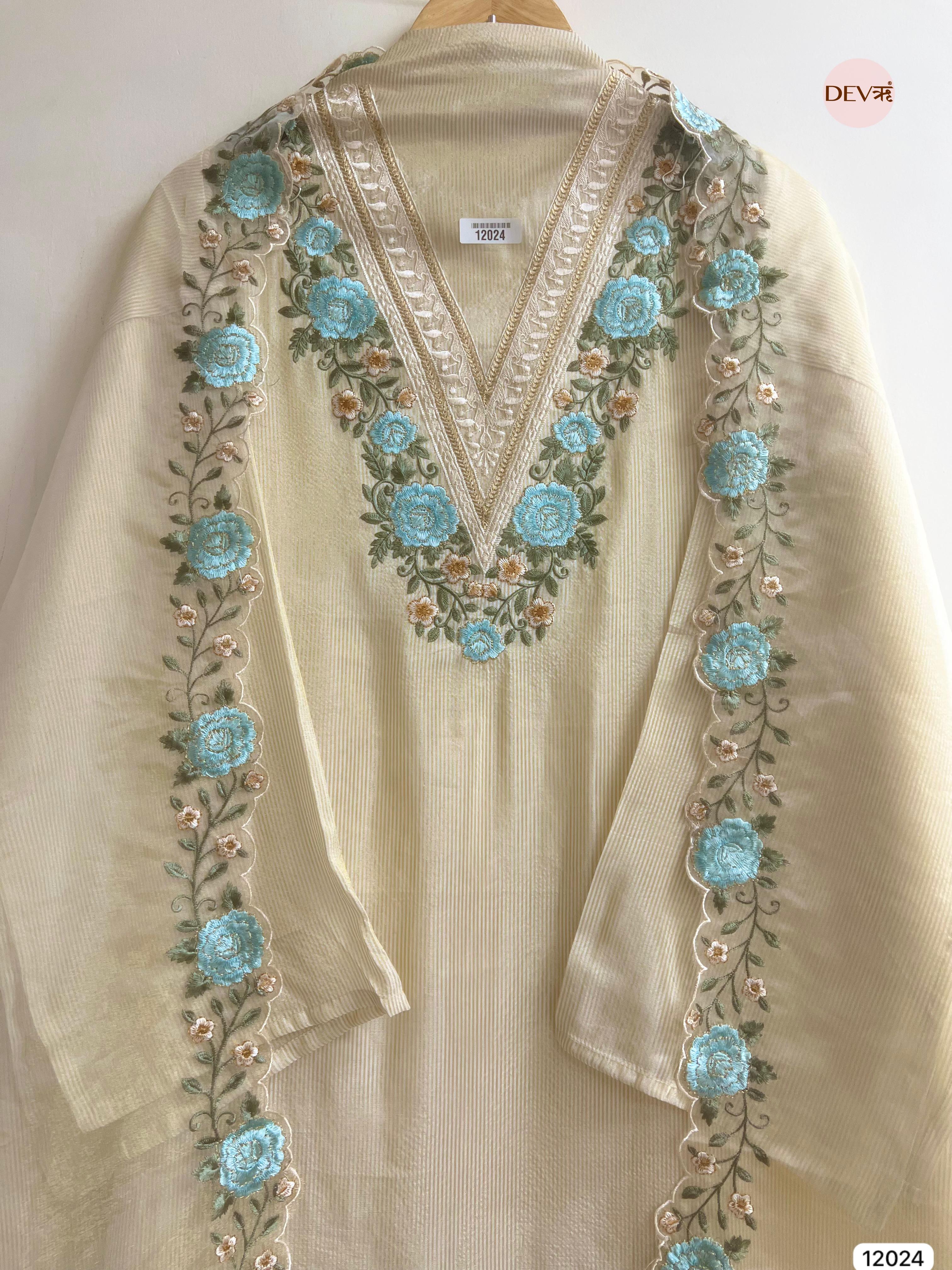 Off White Tissue Shimmer Silk Semi Stitched Embroidered -Set Of 3 - {12024}
