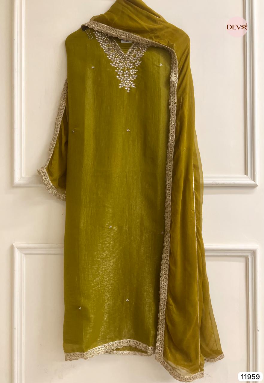 Olive Green Pure Tissue Crush Unstitched Hand Embroidered -Set Of 3 - {11959}