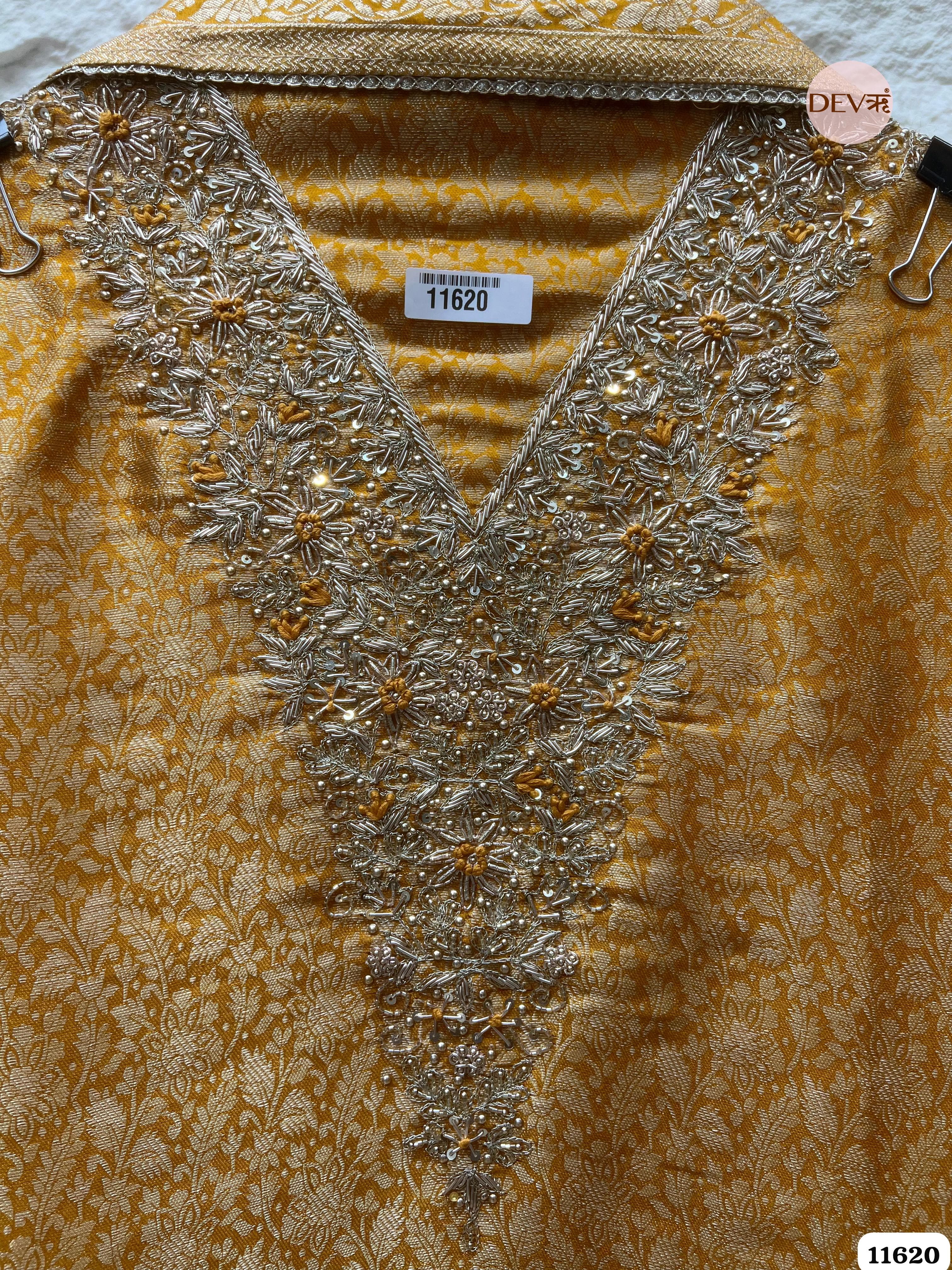 Yellow Pure Tissue Banarasi Silk Unstitched Hand Embroidered -Set Of 3 {11620}
