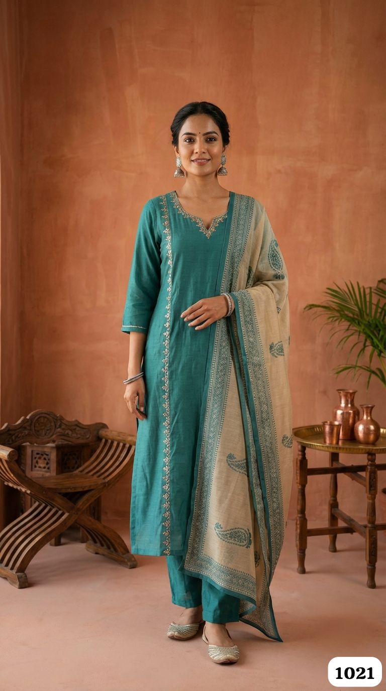 Teal Glow Chanderi 3-Piece Set {1021}