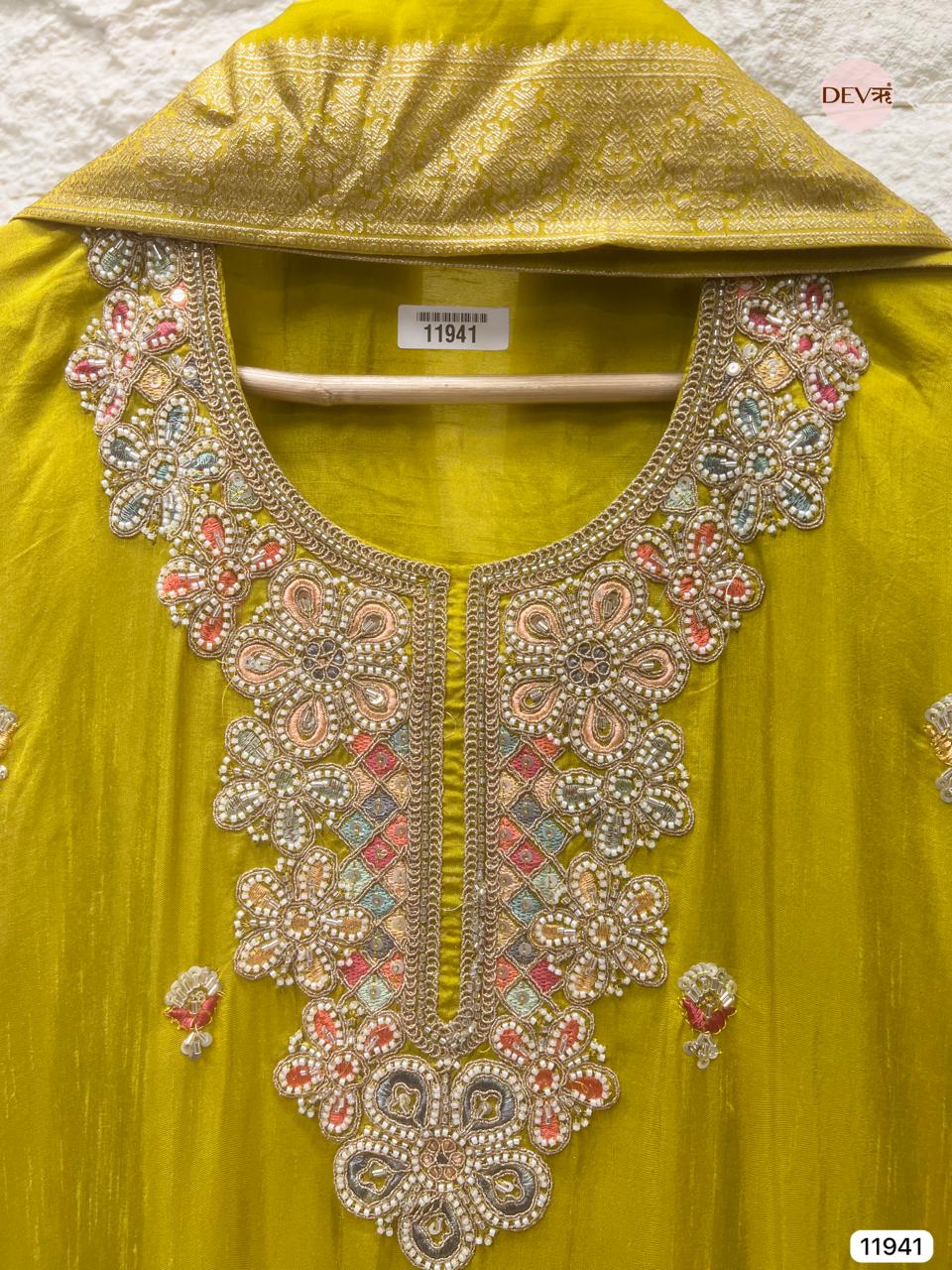 Yellow Pure Russian Silk Unstitched Hand Embroidered -Set Of 3- {11941}