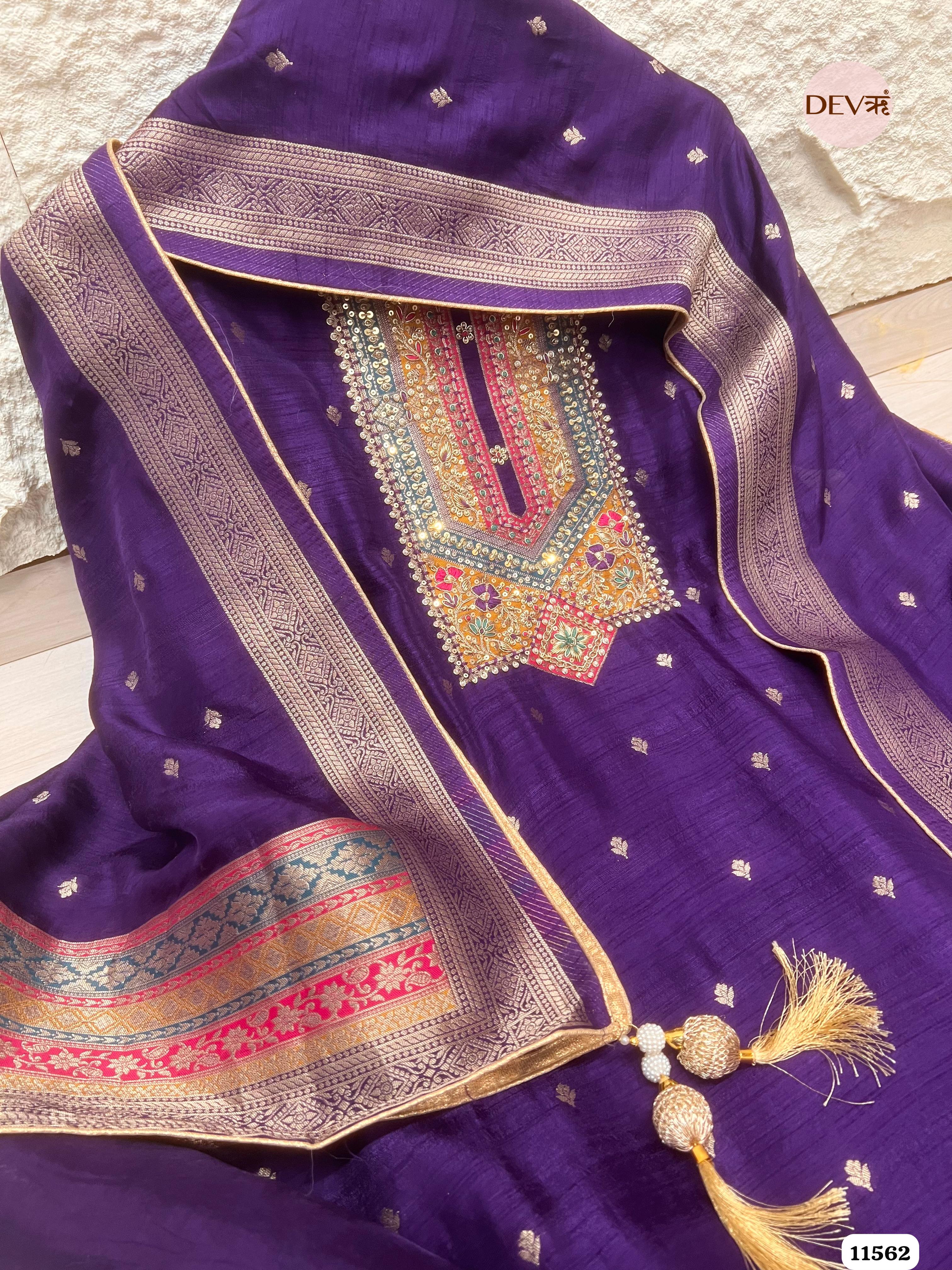 Purple Pure Russian silk Woven Unstitched Hand Embroidered -Set Of 3 {11562}